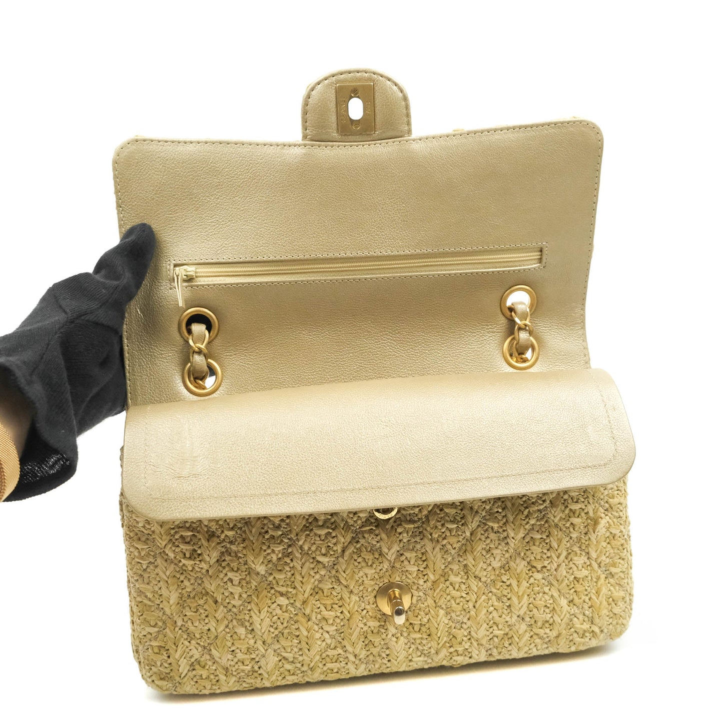 Chanel Classic M/L Medium Double Flap Woven Reed Aged Gold Hardware