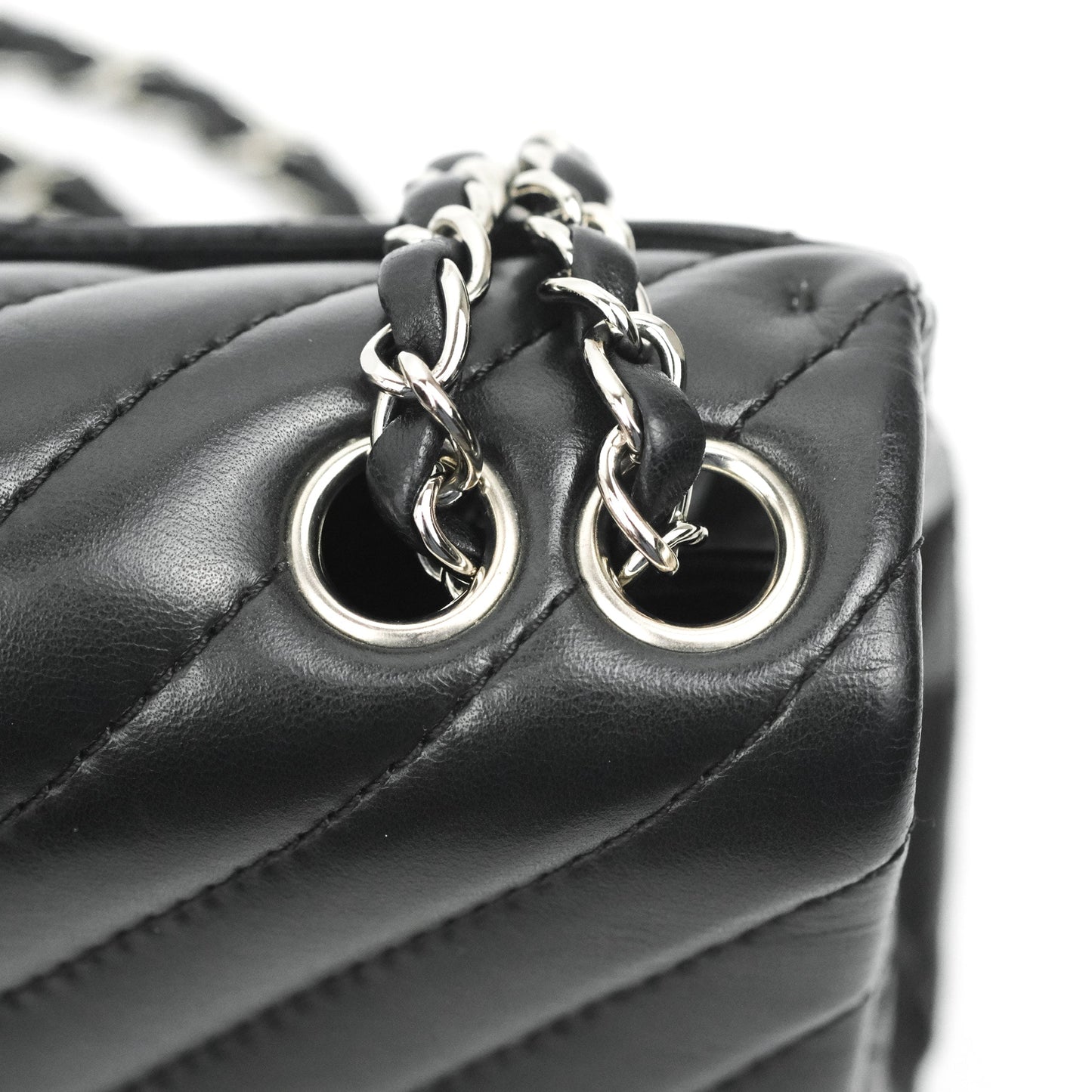 Chanel Surpique Chevron Medium Flap Black Silver Hardware