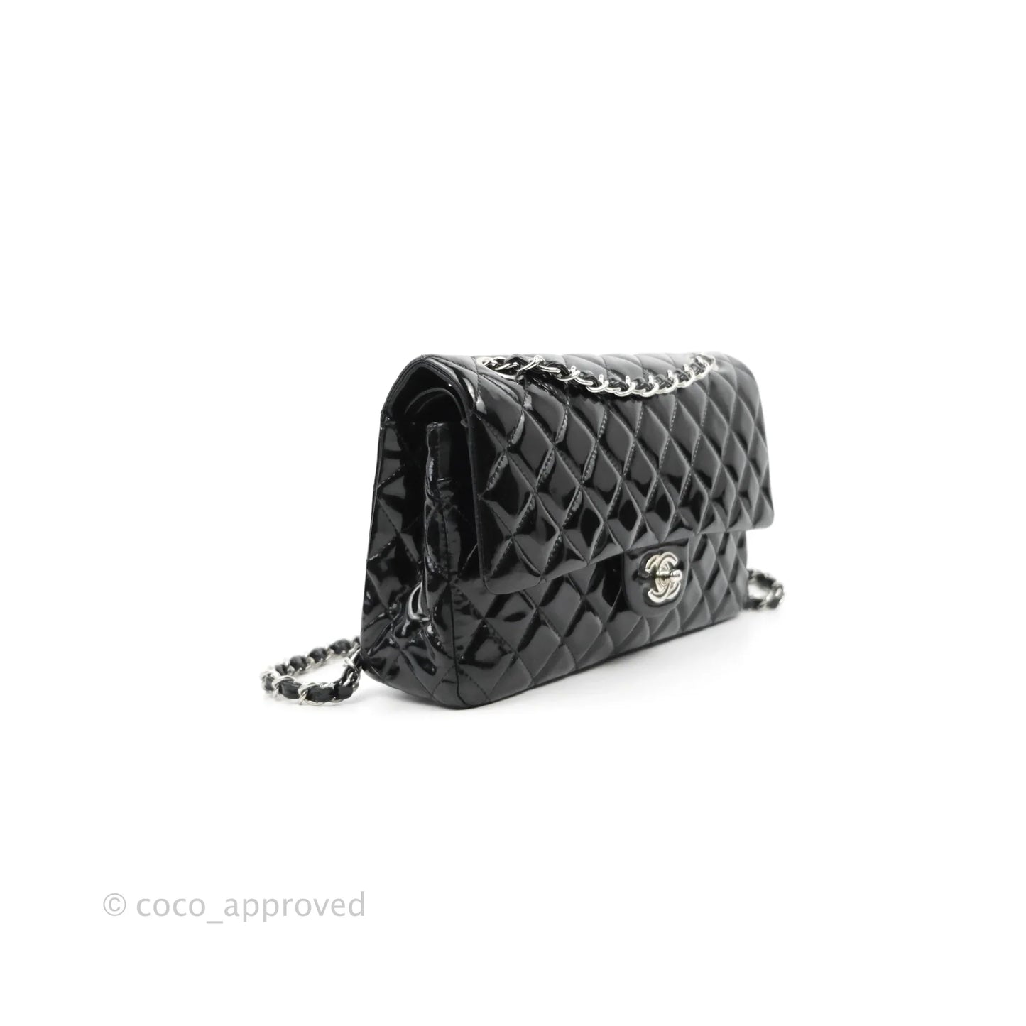 Chanel Classic Quilted M/L Medium Double Flap Black Patent Silver Hardware