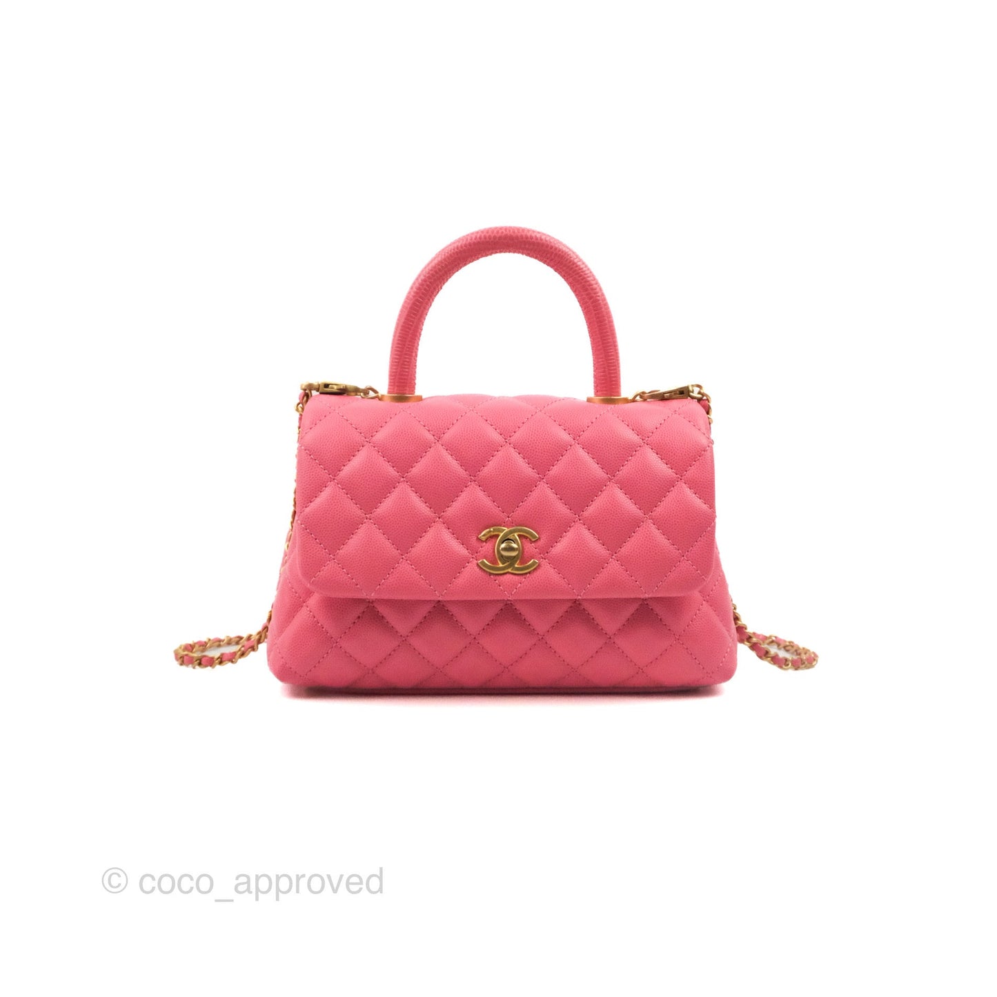 Chanel Small Coco Handle Quilted Pink Caviar Aged Gold Hardware Lizard Embossed Handle