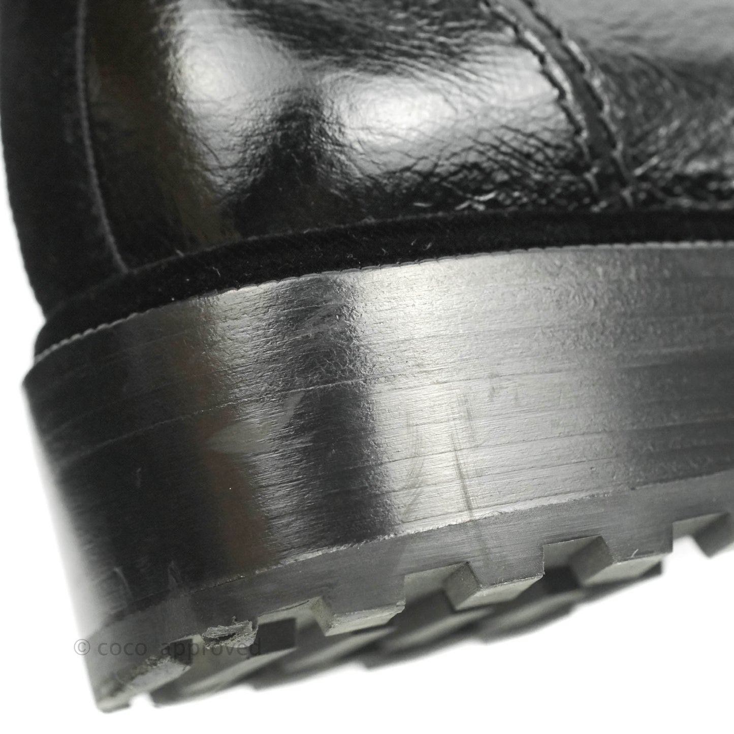 Chanel CC Pearl Crumpled Glazed Black Calfskin Combat Boots with Velvet Laces