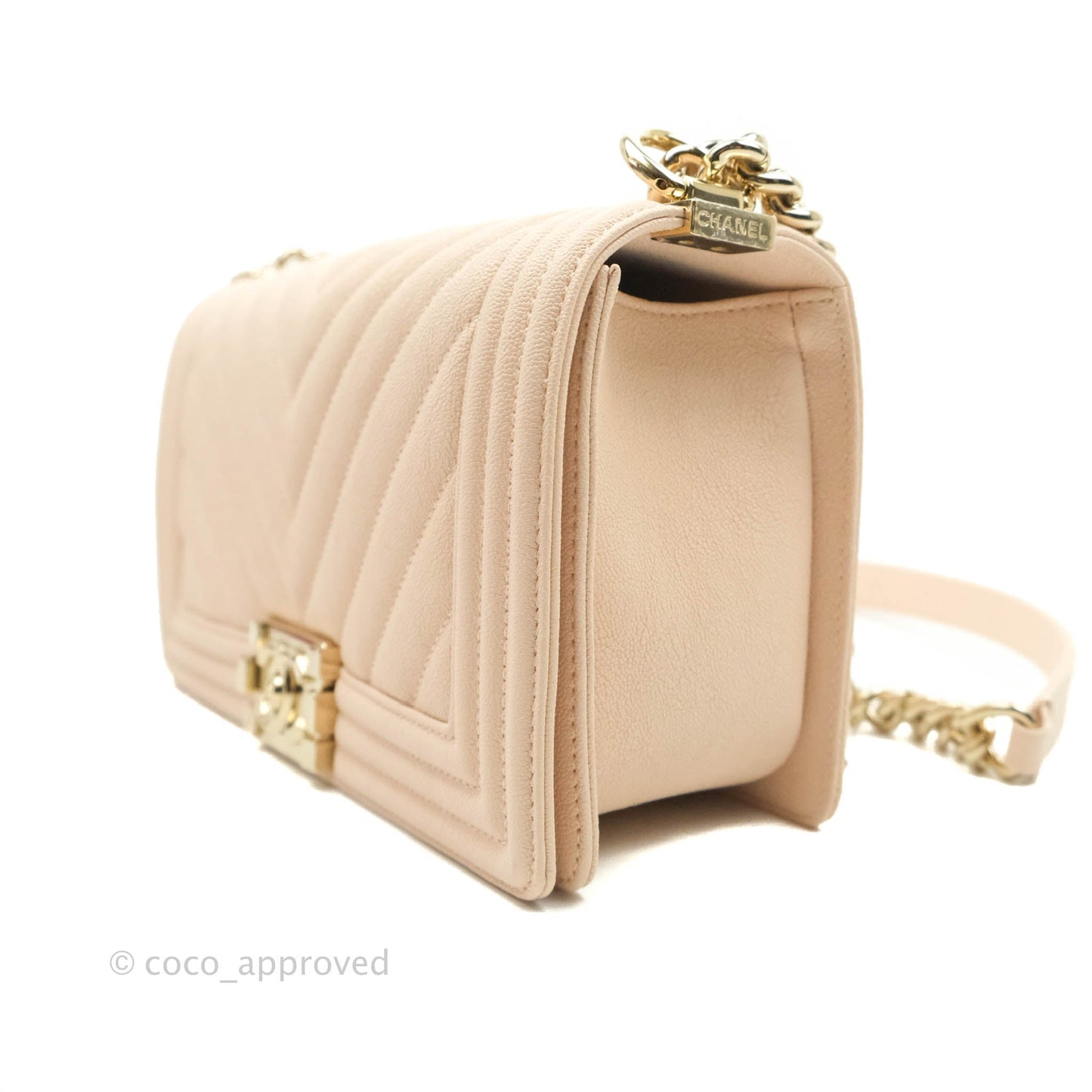 Chanel Quilted Medium Boy Light Pink Beige Caviar Gold Hardware 20A