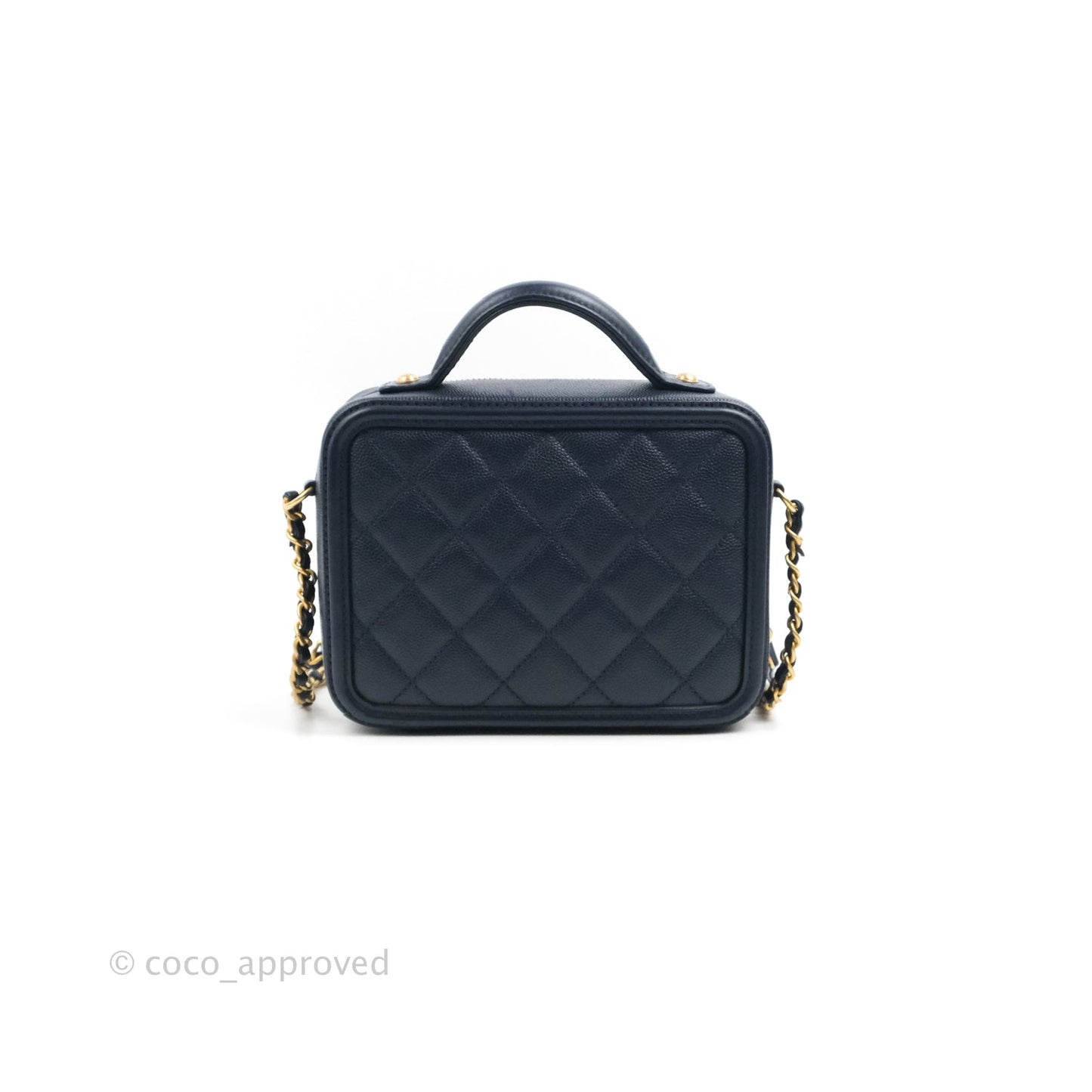 Chanel Quilted Small CC Filigree Vanity Case Navy Caviar Gold Hardware