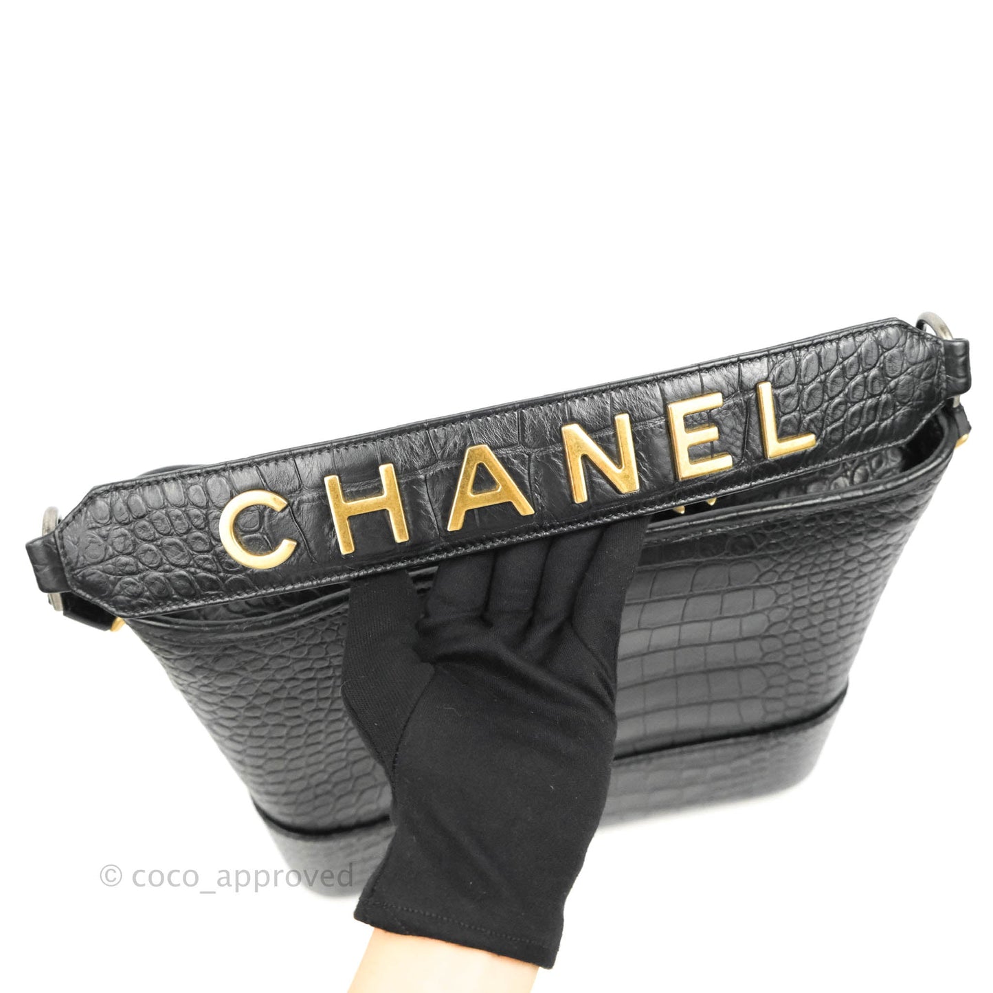 Chanel Large Gabrielle Hobo Crocodile Embossed Black Calfskin