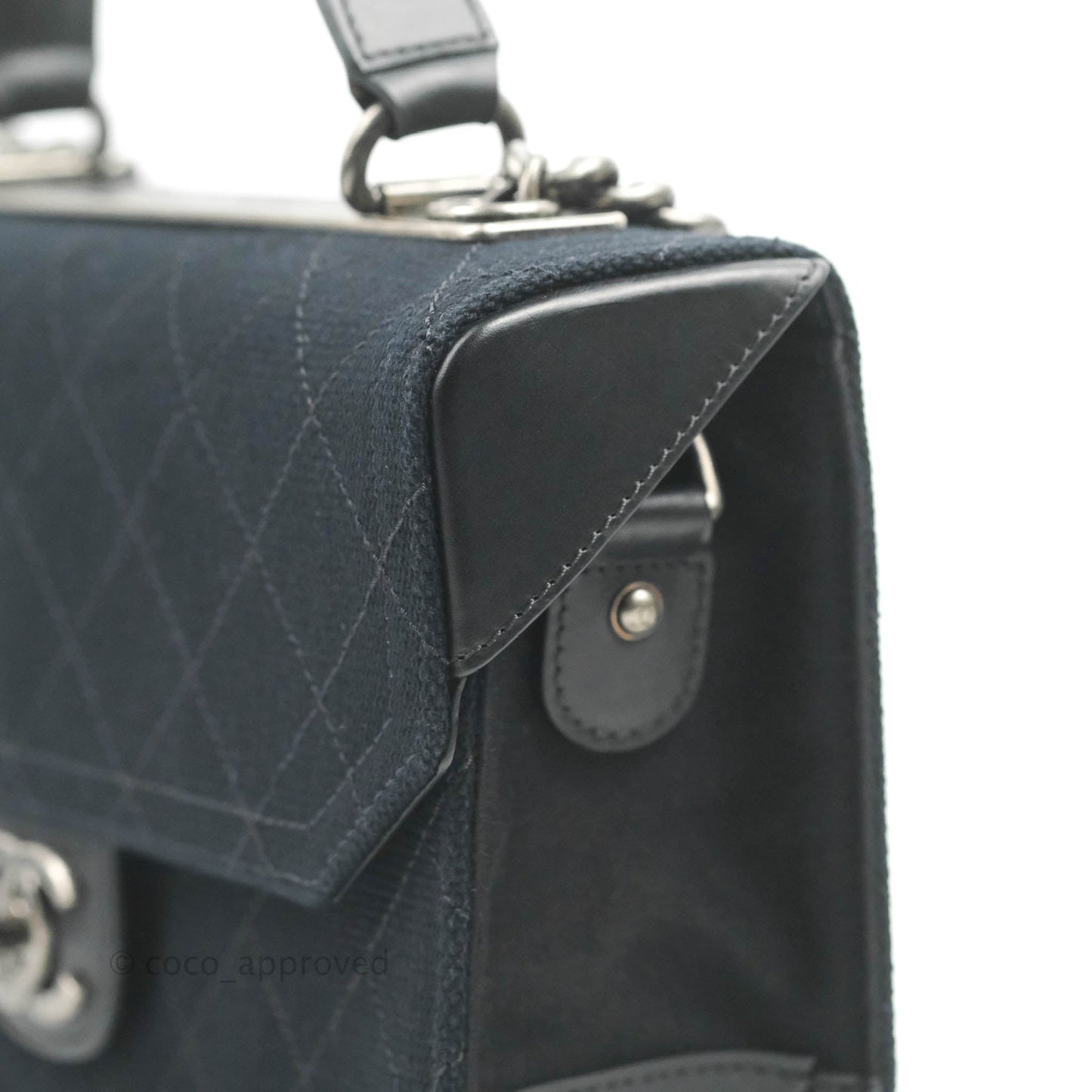 Chanel Quilted CC Top Handle with Chain Dark Navy Fabric Ruthenium Hardware 15P