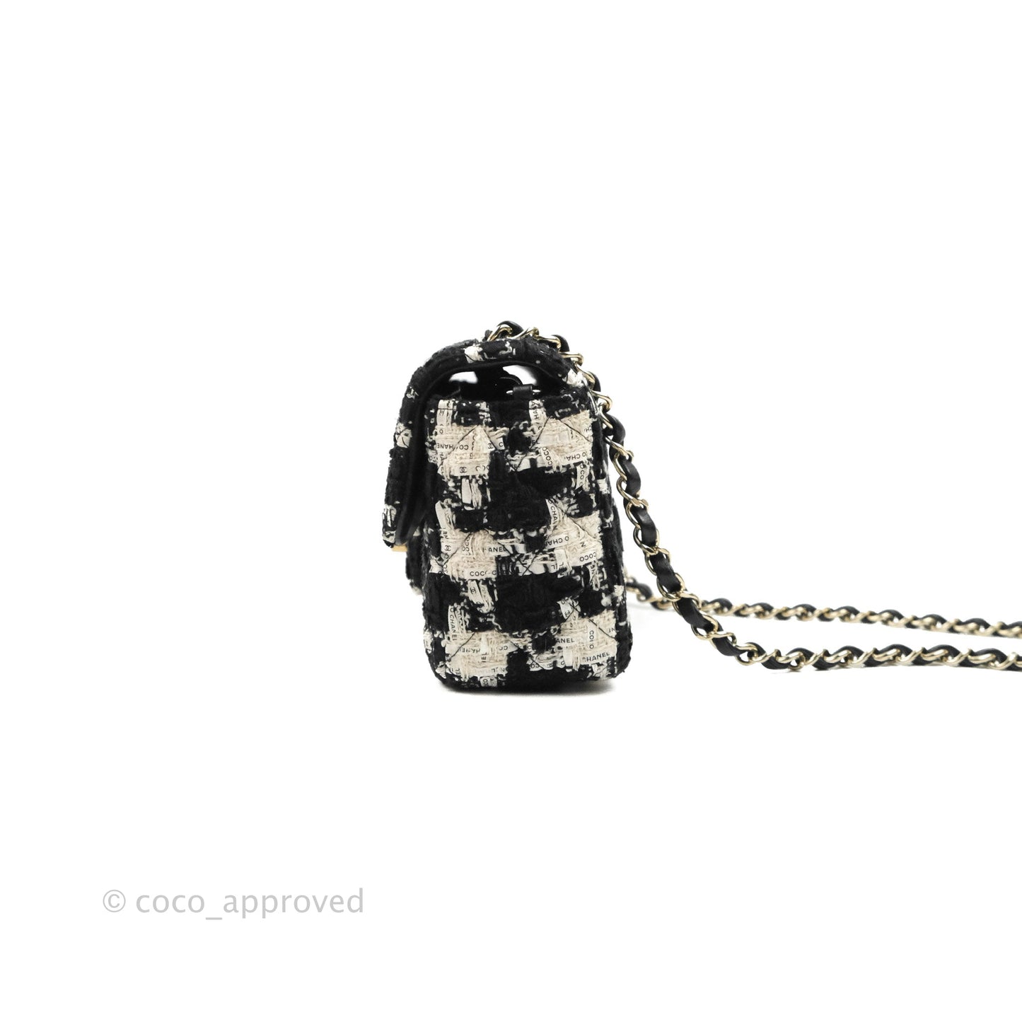 Chanel Quilted Mini Rectangular Flap Tweed Houndstooth Black & White Gold Hardware