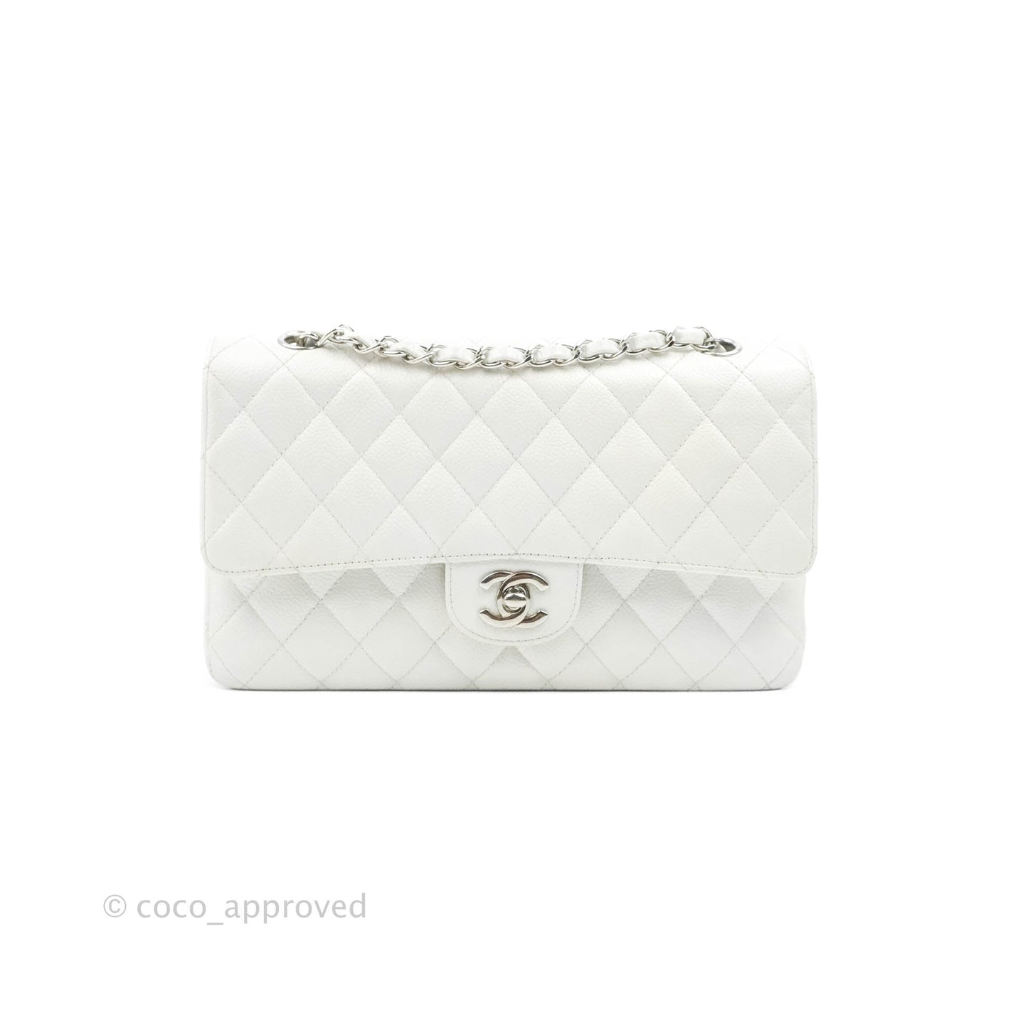 Chanel Classic M/L Medium Double Flap White Caviar Silver Hardware