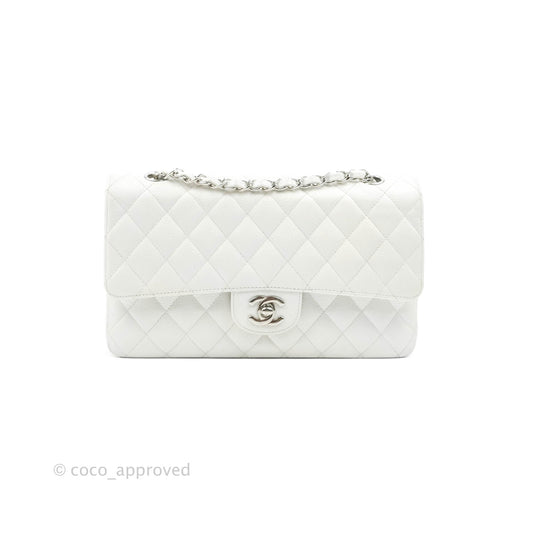 Chanel Classic M/L Medium Double Flap White Caviar Silver Hardware
