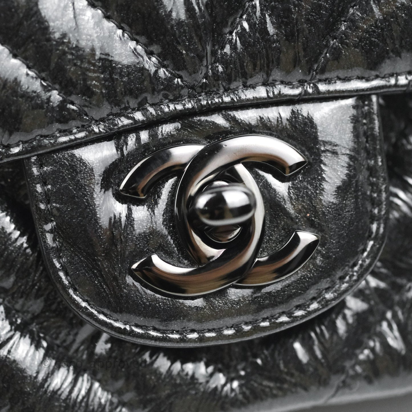 Chanel Mini Square Chevron Flap Black Crumpled Metallic Patent So Black