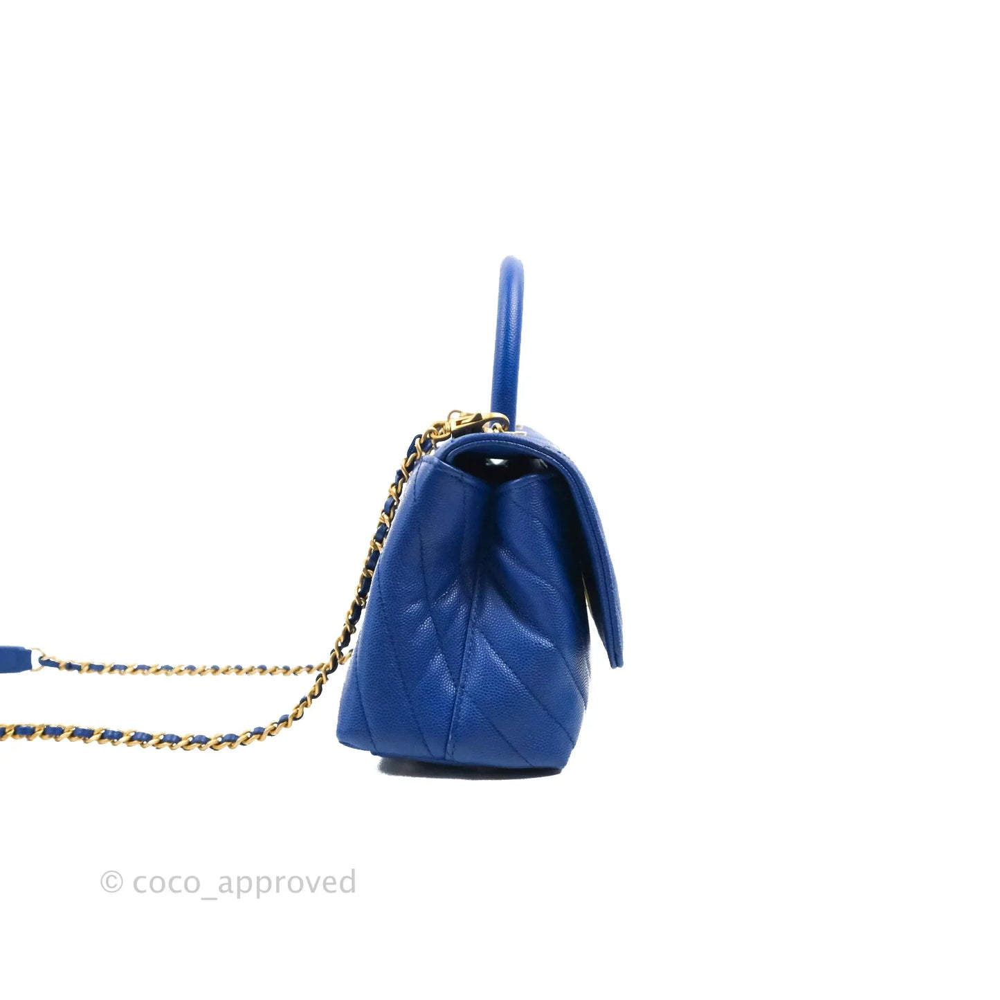 Chanel Small Coco Handle Chevron Blue Caviar Aged Gold Hardware