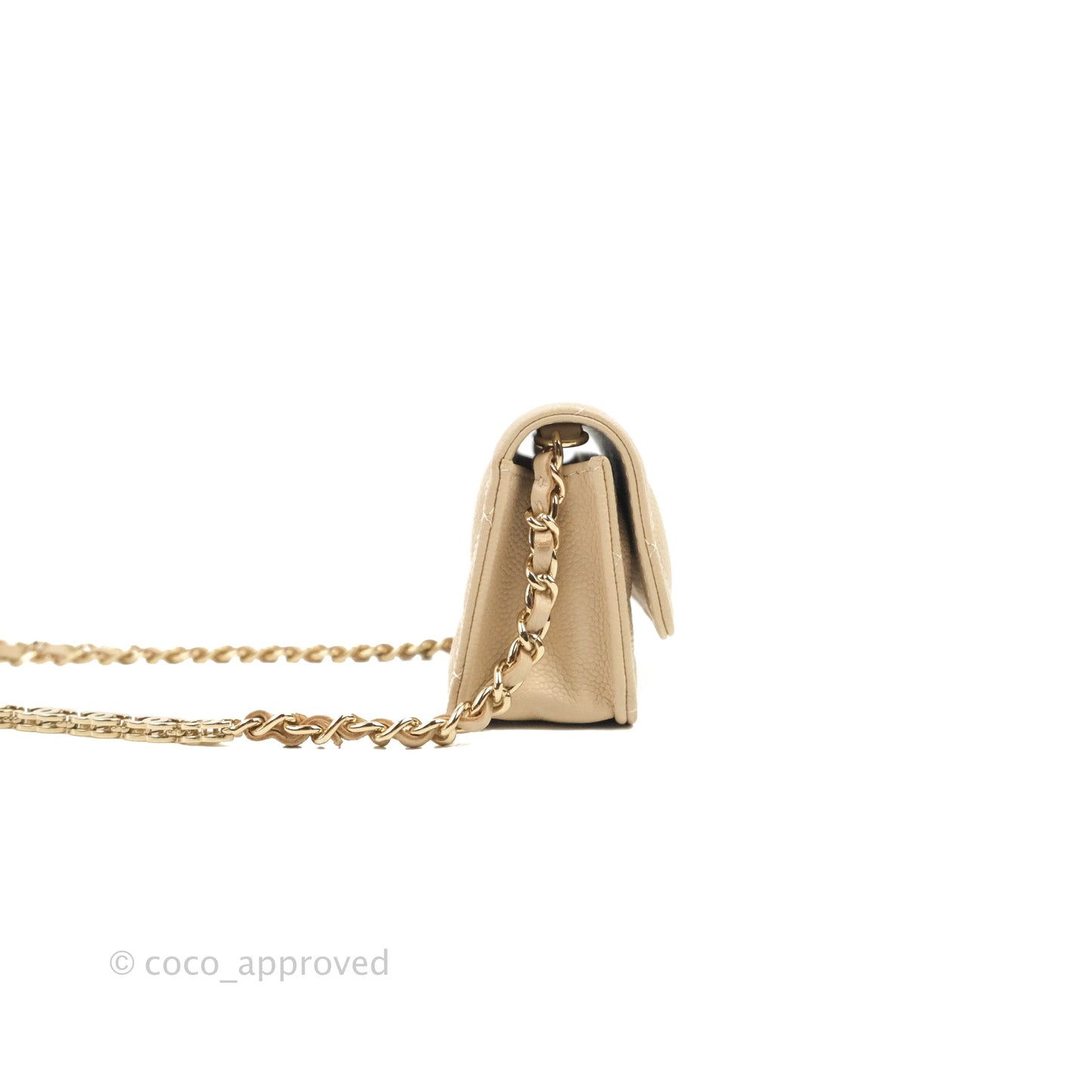 Chanel Quilted Card Holder with CC Chain Beige Caviar Gold Hardware