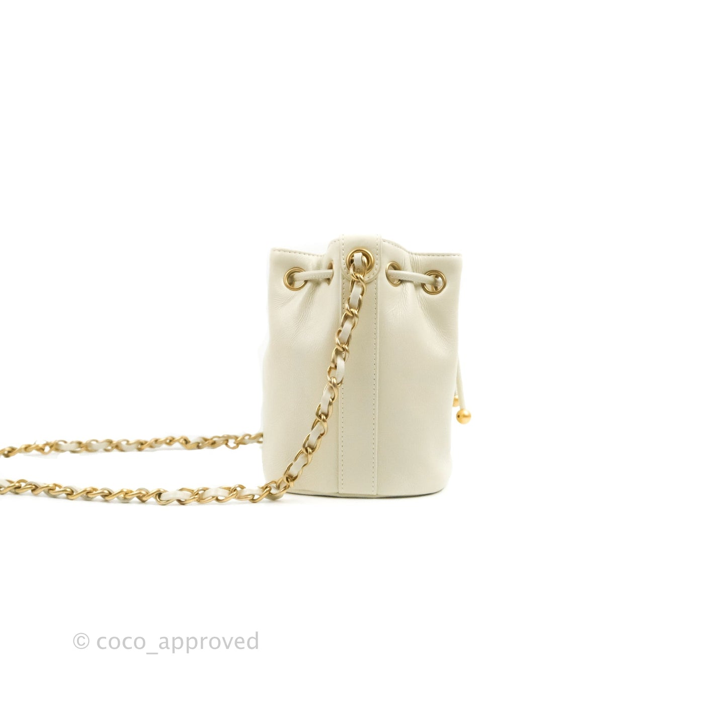 Chanel CC Small Drawstring Bucket Bag White Calfskin Aged Gold Hardware
