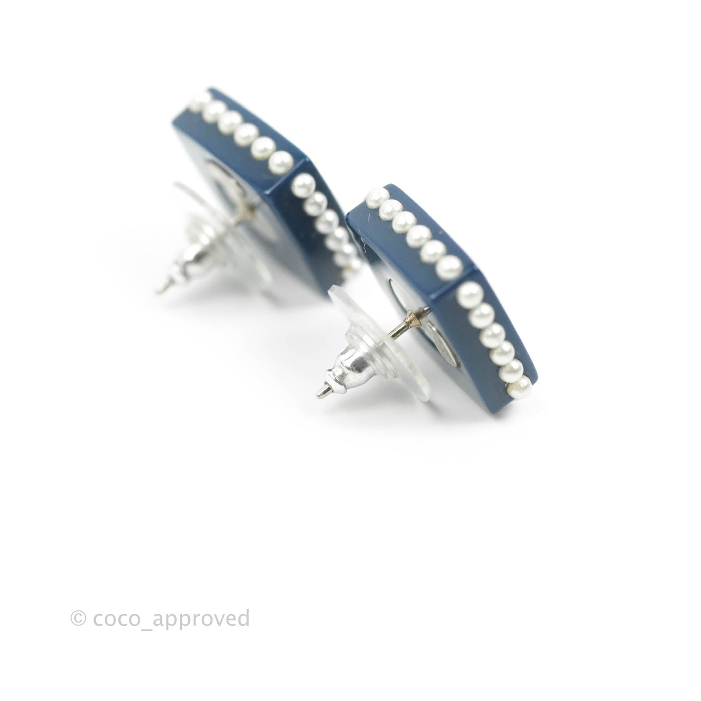 Chanel Resin Pearl Square CC Earrings Blue