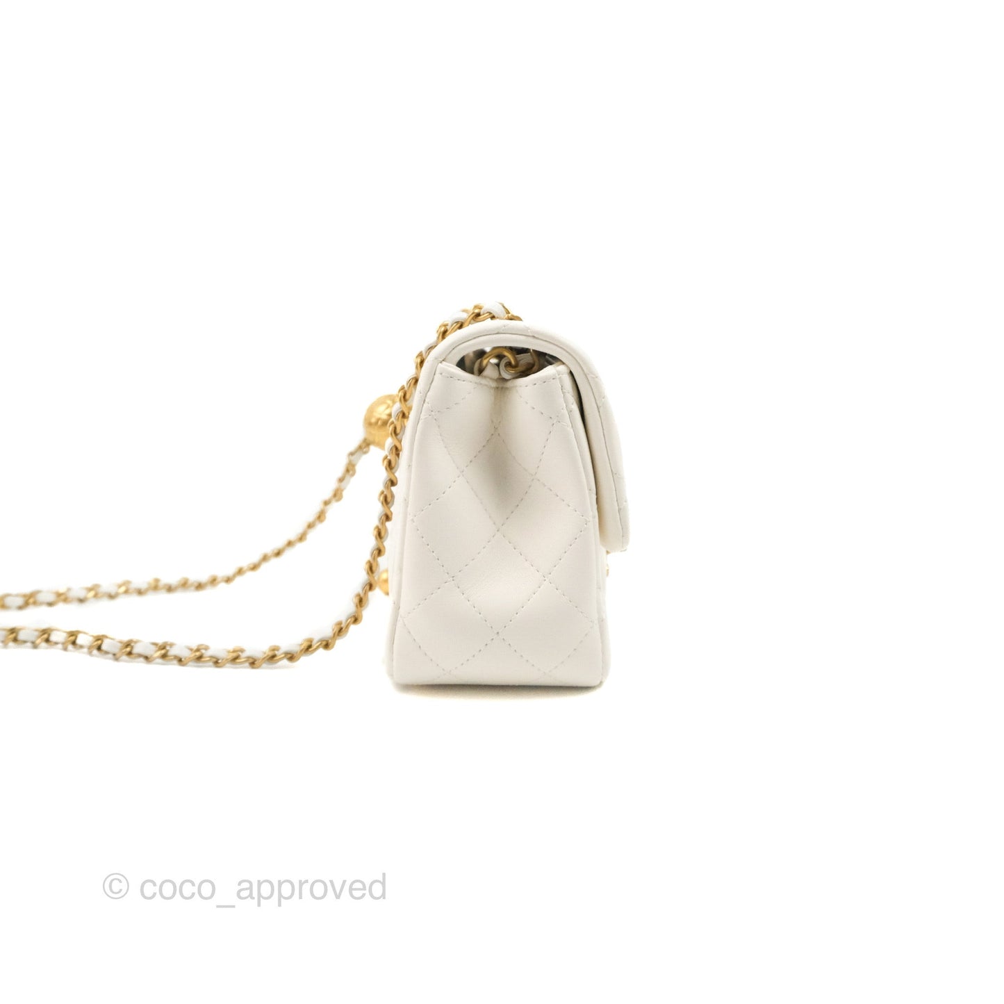 Chanel Mini Square Pearl Crush Quilted White Lambskin Aged Gold Hardware