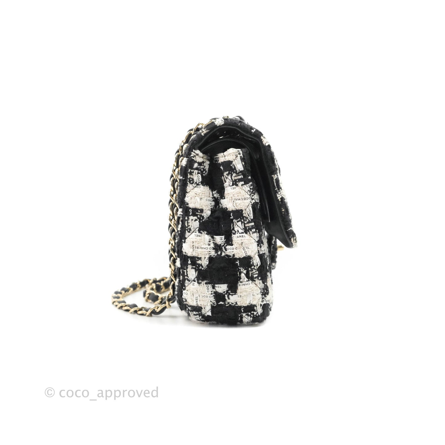 Chanel Quilted M/L Medium Double Flap Black White Houndstooth Tweed Gold Hardware