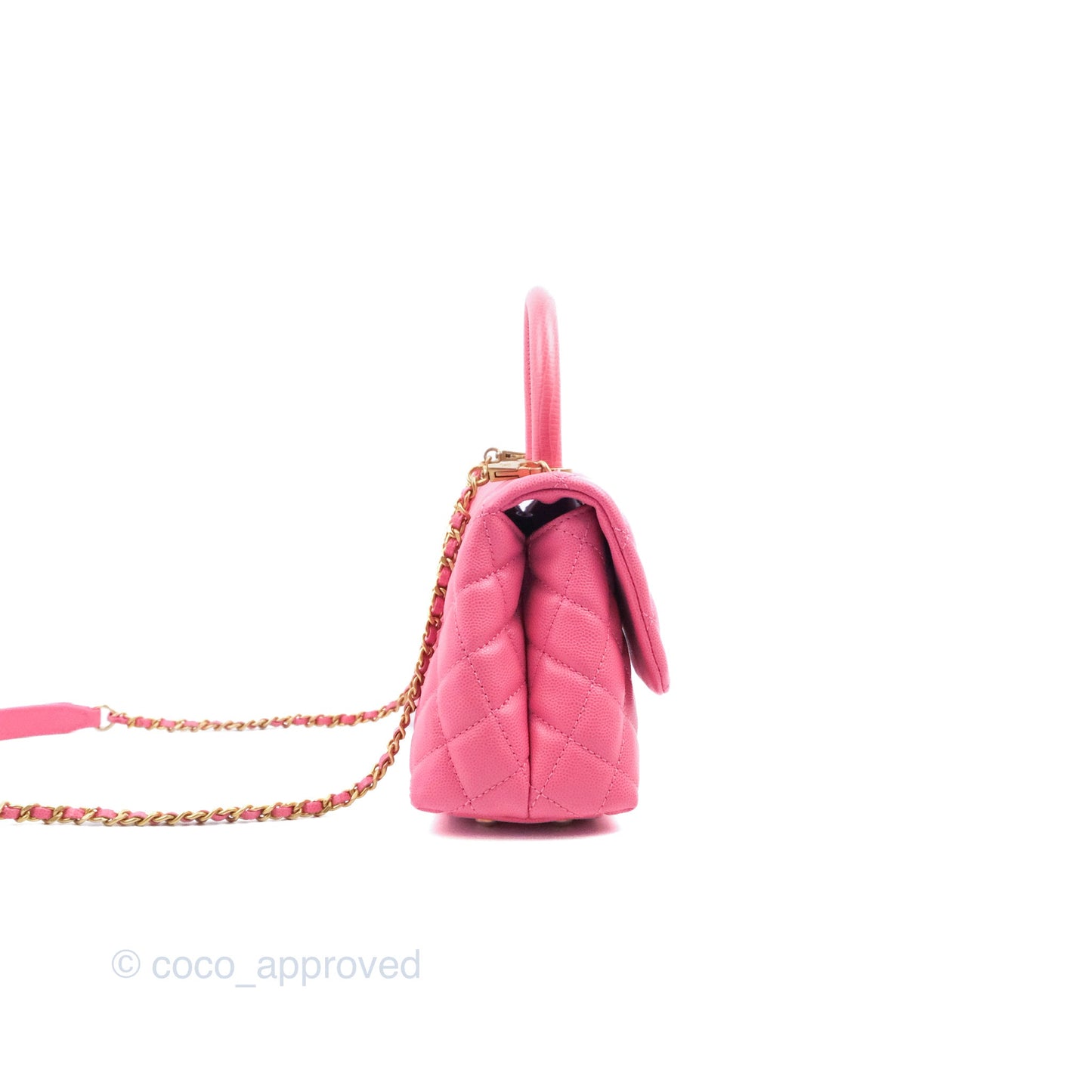 Chanel Small Coco Handle Quilted Pink Caviar Aged Gold Hardware Lizard Embossed Handle