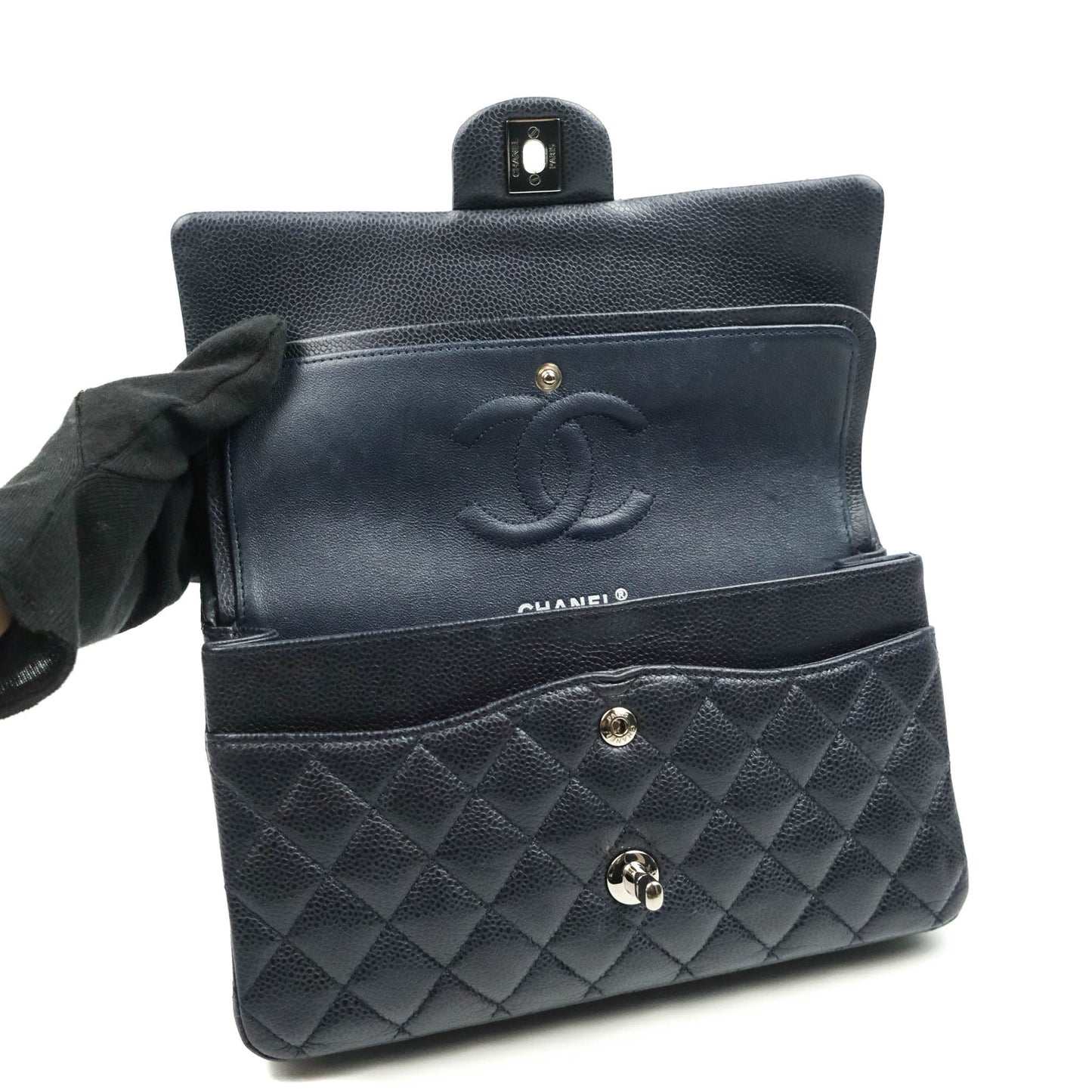 Chanel Quilted M/L Medium Double Flap Very Dark Navy Caviar Silver Hardware