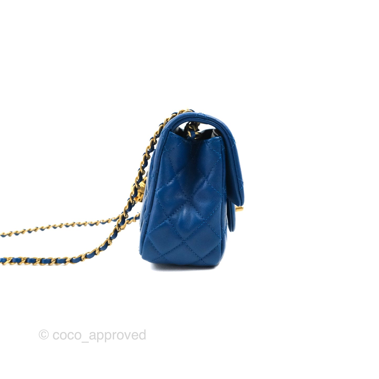 Chanel Mini Square Pearl Crush Quilted Blue Lambskin Aged Gold Hardware