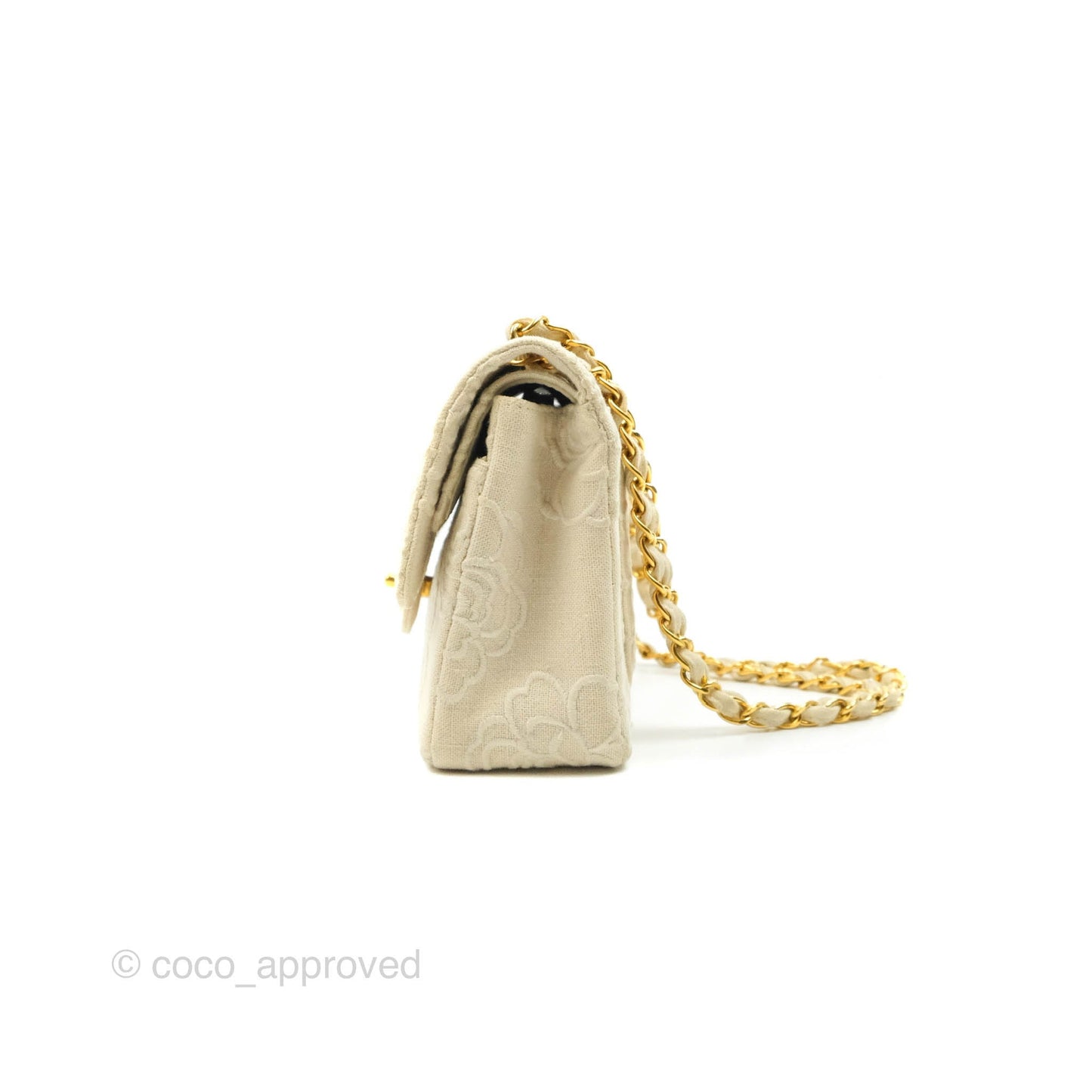 Chanel Small Flap Camellia Embroidered Ivory Beige Linen Canvas 24K Gold Hardware