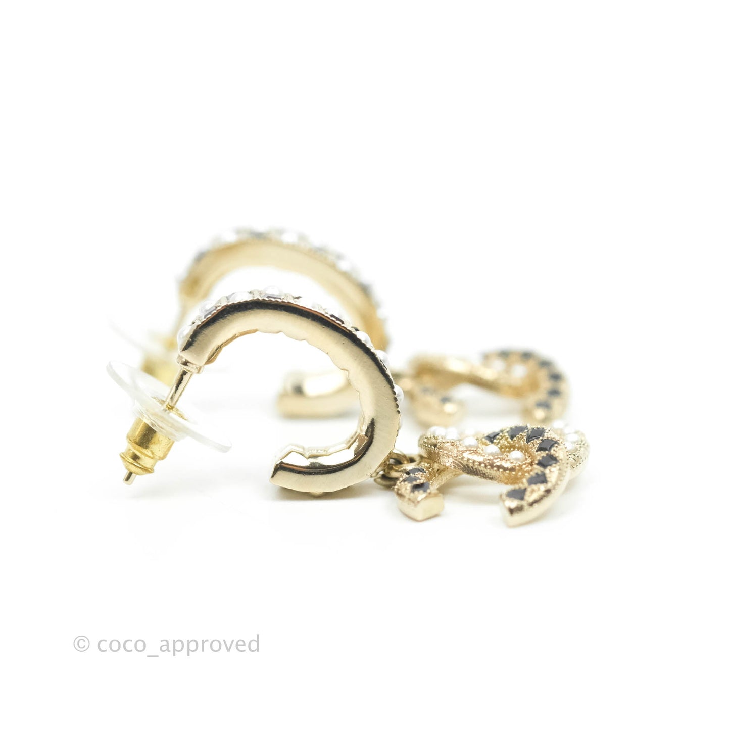 Chanel Crystal Black Resin Drop CC Hoop Earrings Gold Tone 21A