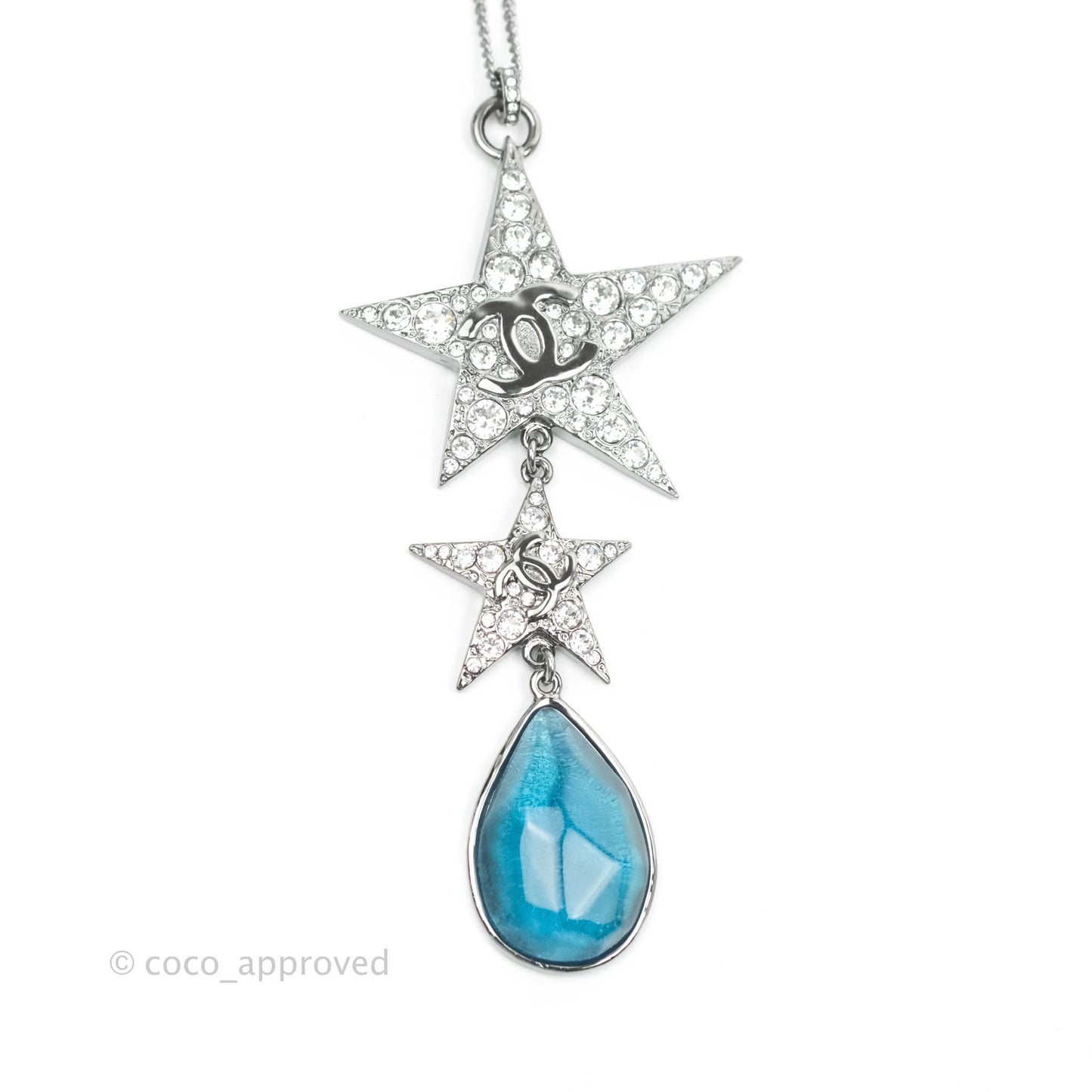 Chanel CC Crystal Star Blue Resin Tear Drop Choker Gun Metal 22C