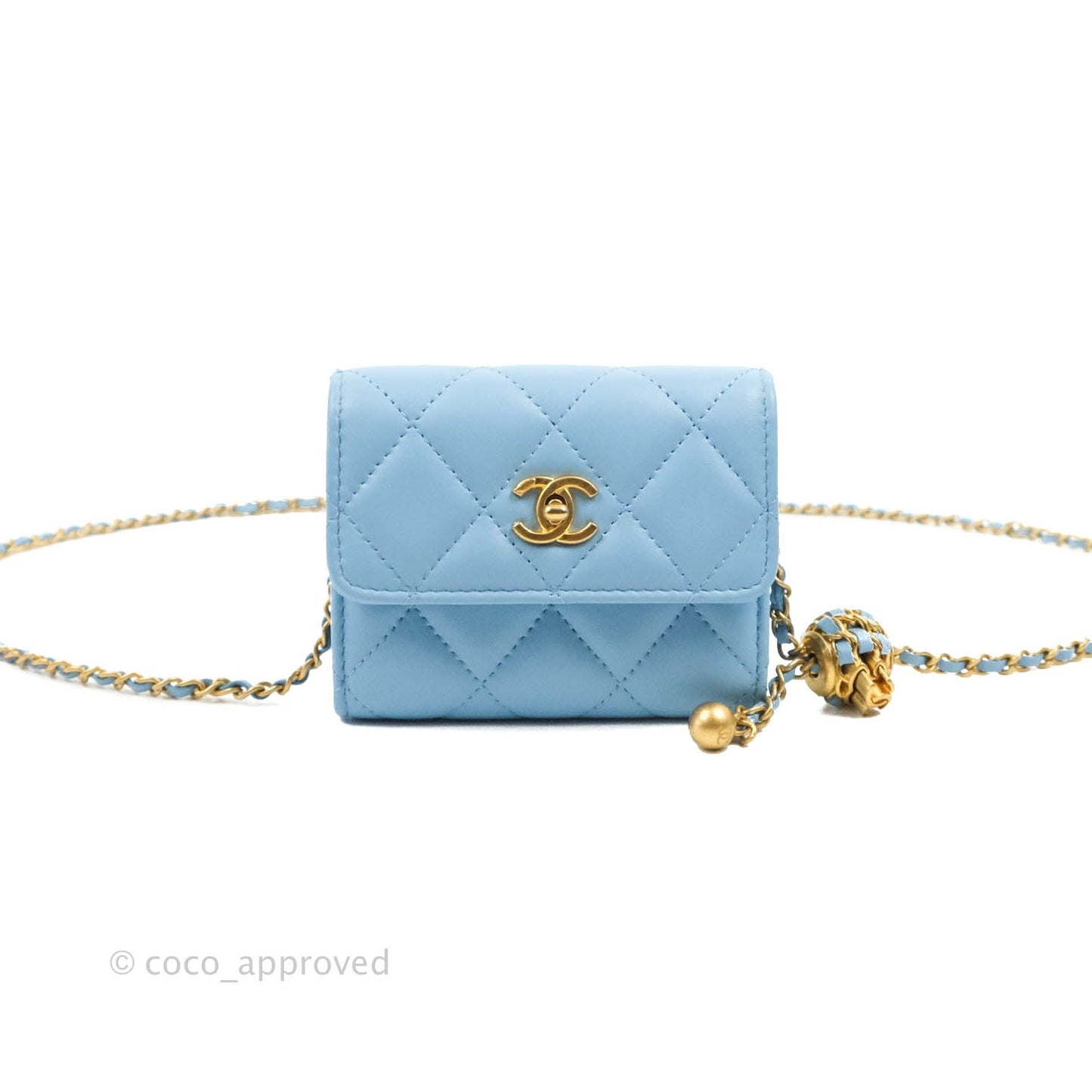 Chanel Pearl Crush Mini Clutch With Chain Blue Lambskin Aged Gold Hardware