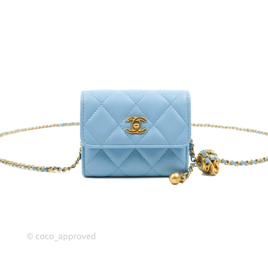 Chanel Pearl Crush Mini Clutch With Chain Blue Lambskin Aged Gold Hardware