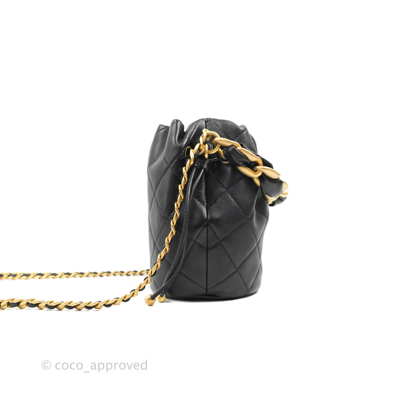 Chanel Small Entwined Chain Drawstring Bucket Bag Black Lambskin Age Gold Hardware