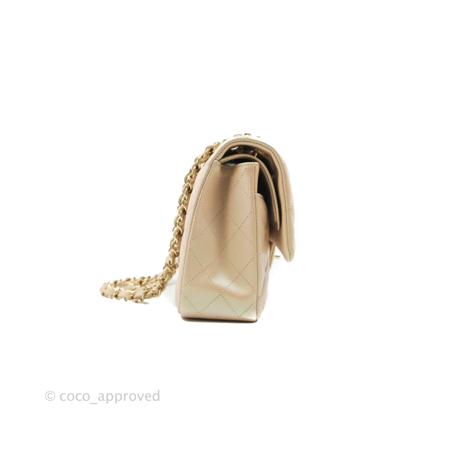 Chanel Classic M/L Medium Double Flap Iridescent Beige Calfskin Gold Hardware 21S