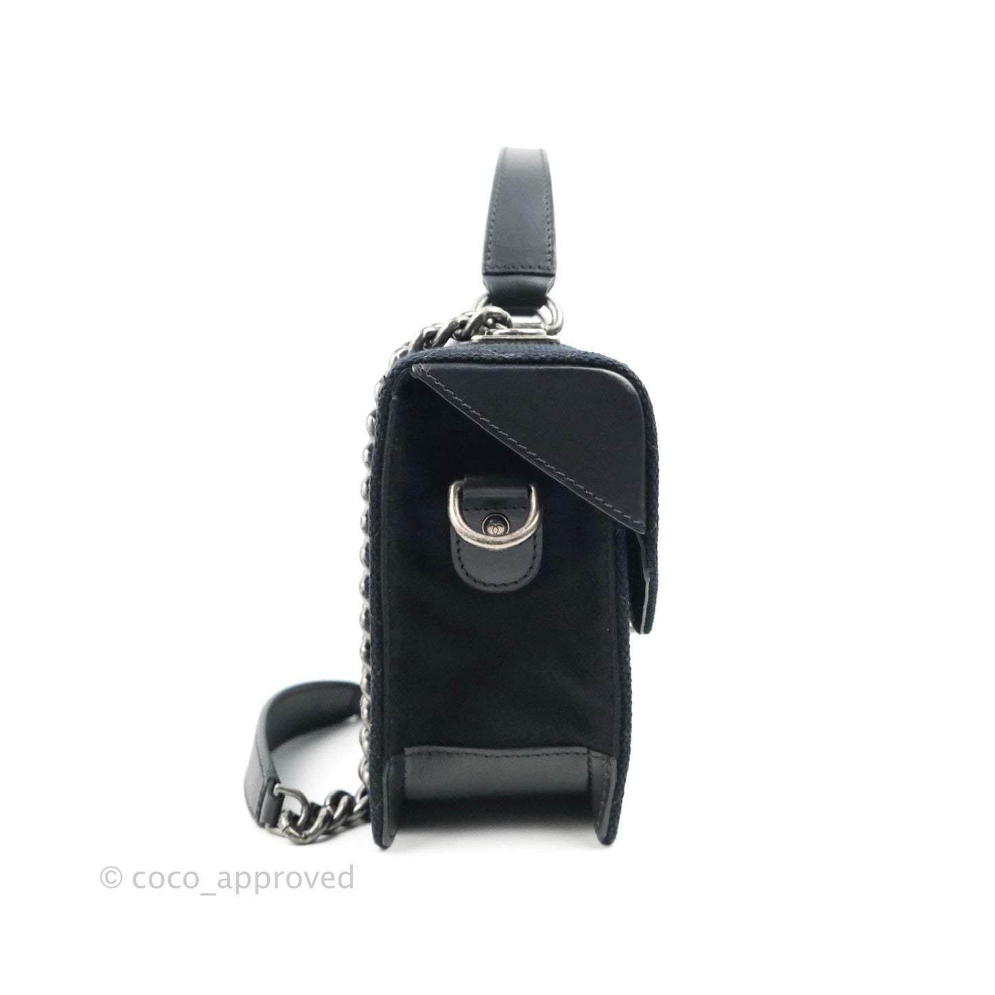 Chanel Quilted CC Top Handle with Chain Dark Navy Fabric Ruthenium Hardware 15P