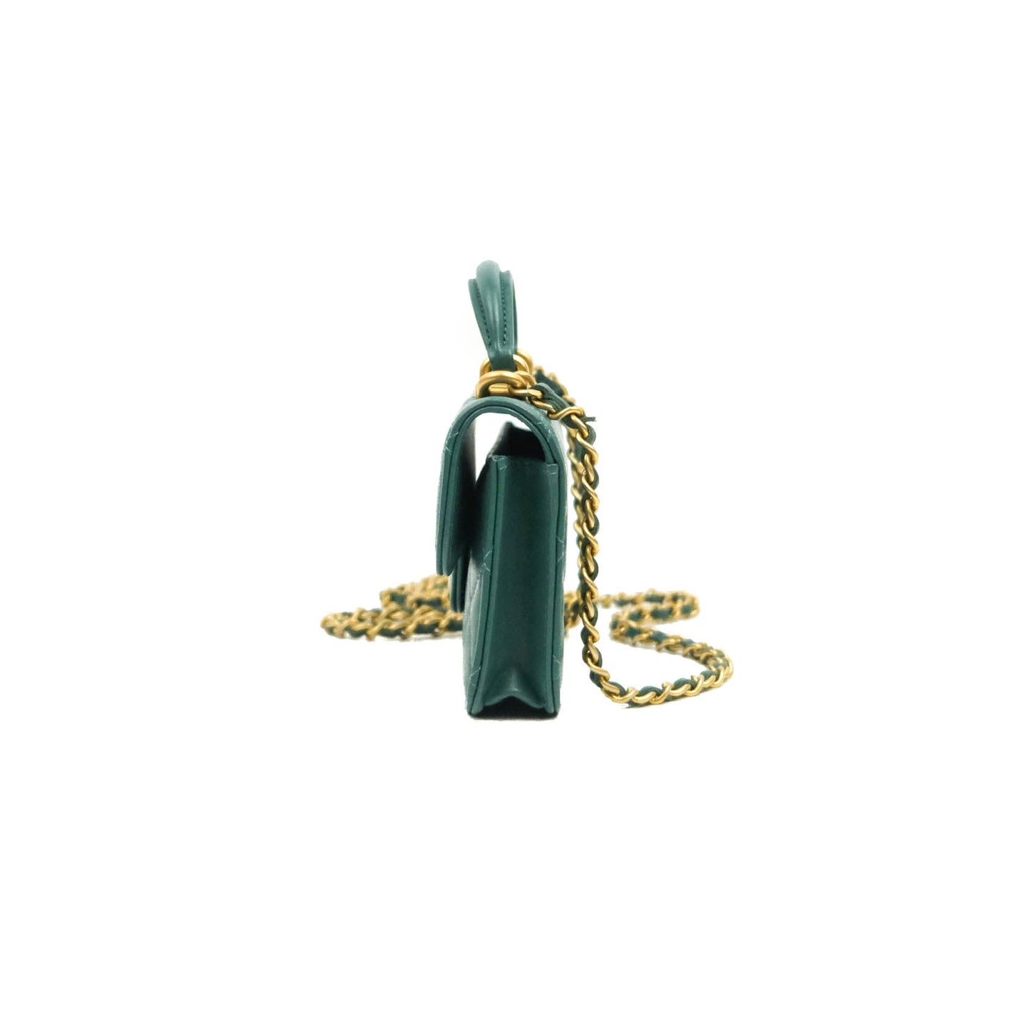 Chanel Mini Handle Flap Coin Purse With Chain Green Lambskin Gold Hardware