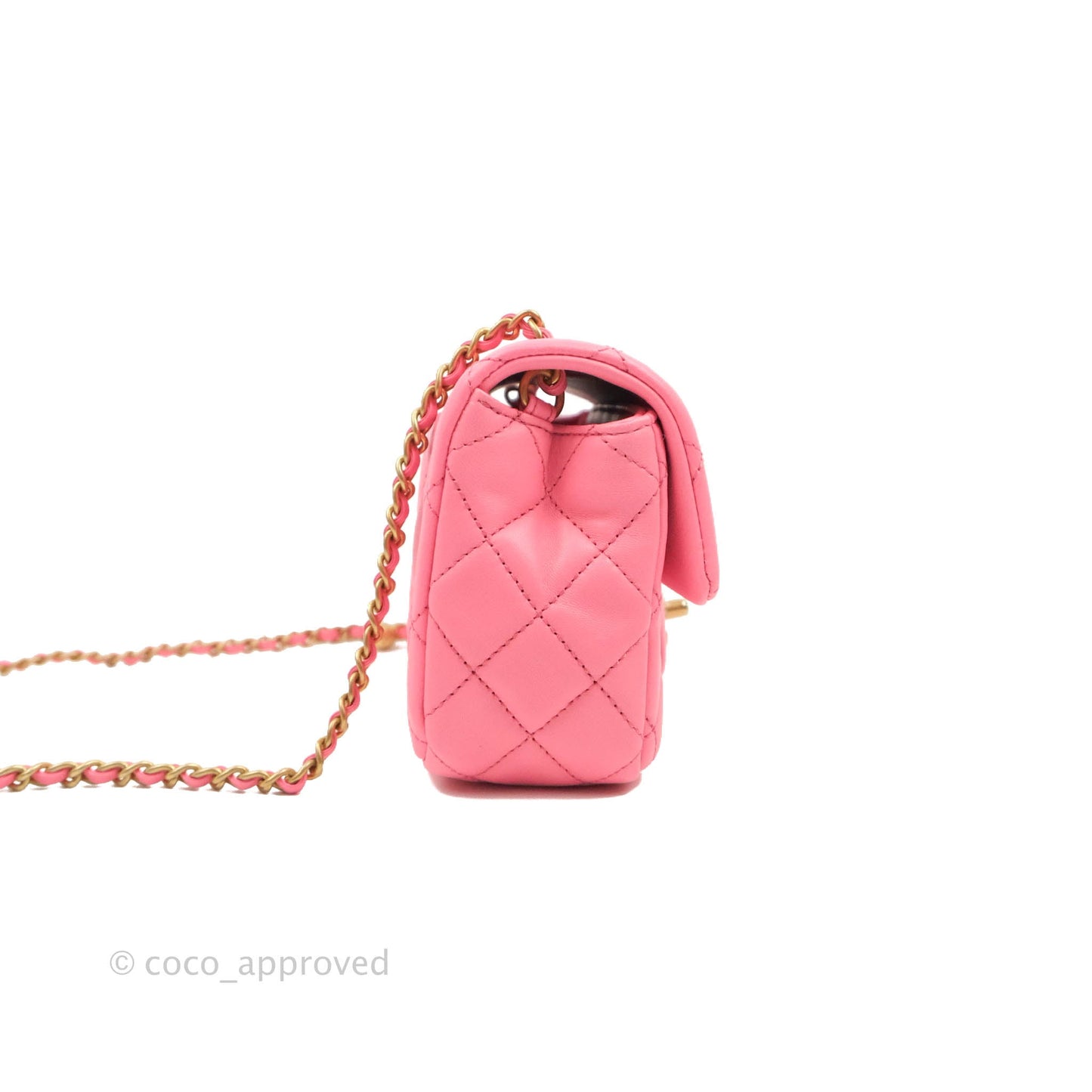 Chanel Mini Rectangular Pearl Crush Quilted Pink Lambskin Aged Gold Hardware