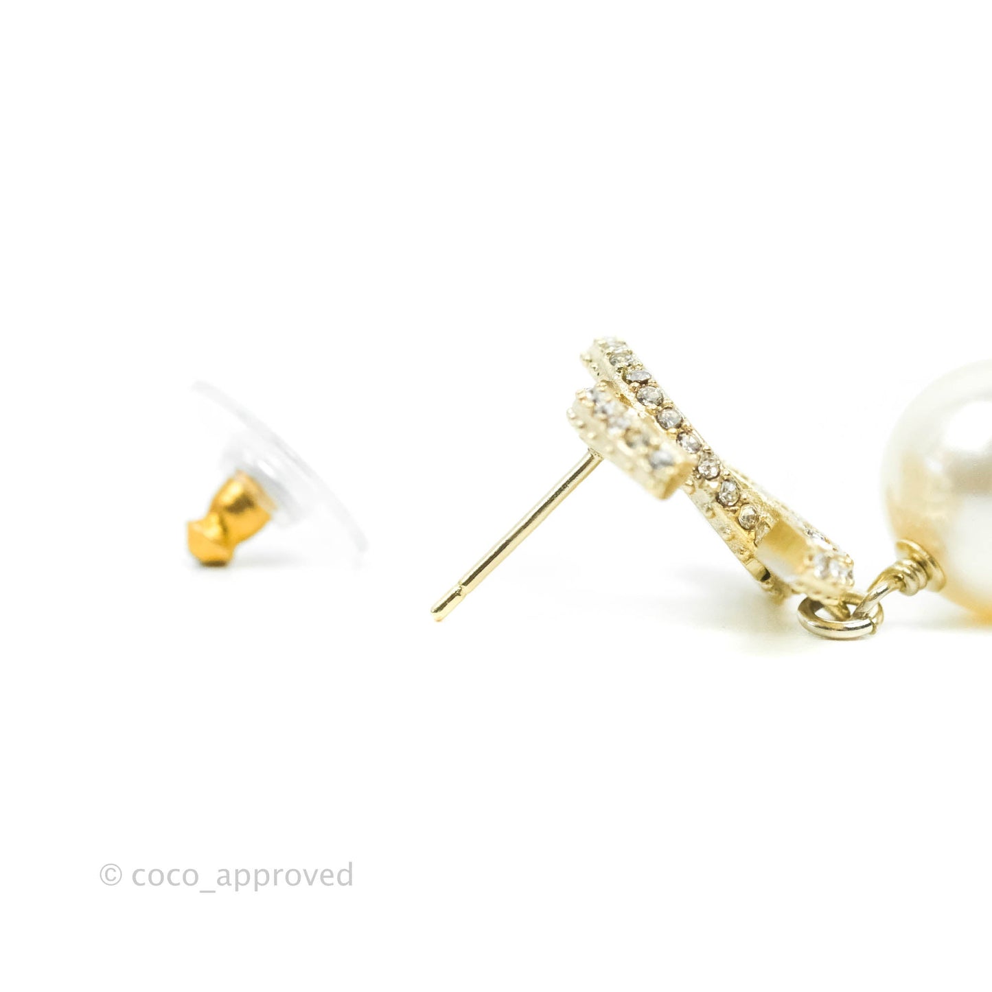 Chanel CC Rhinestone Pearl Drop Earrings Gold Tone