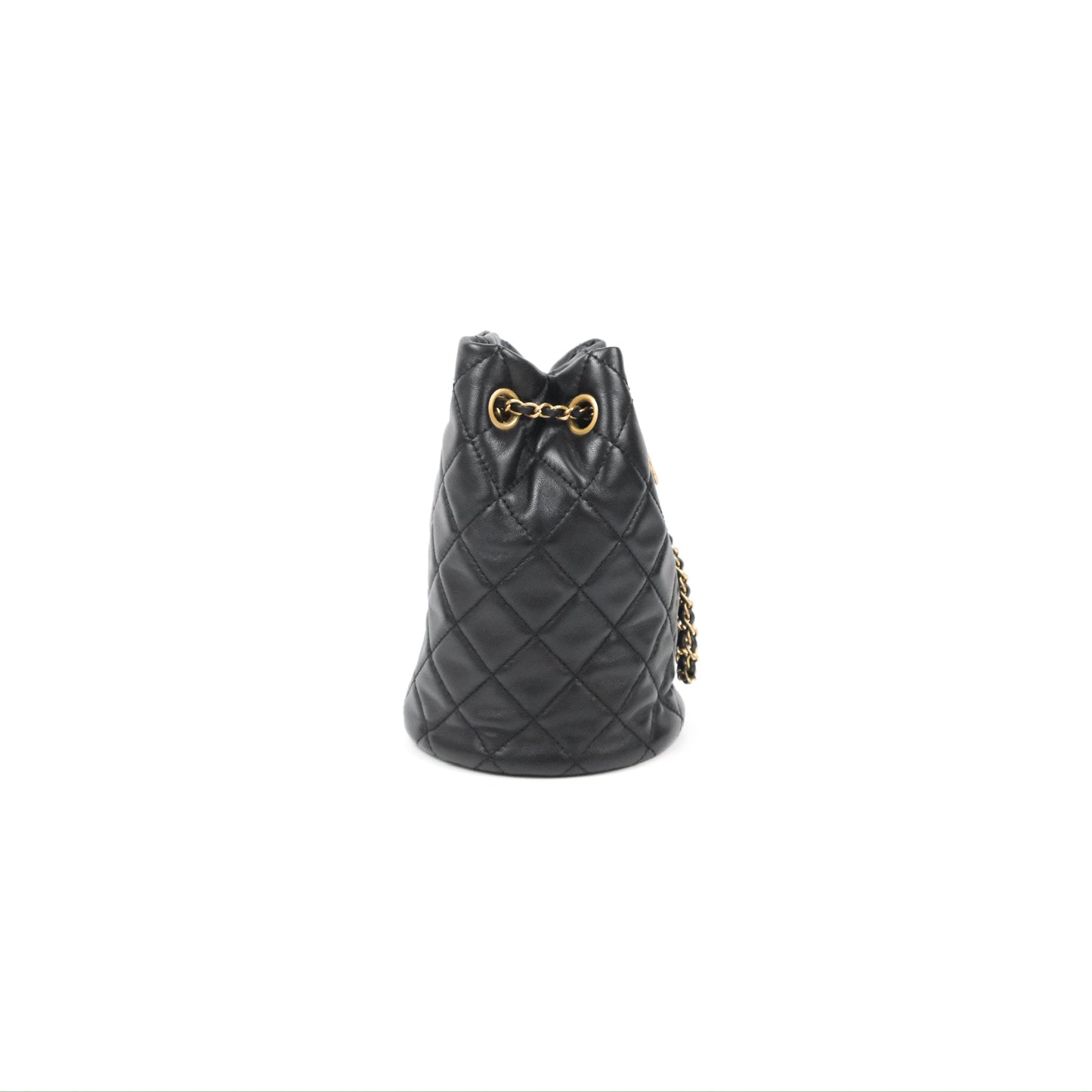 Chanel Pearl Crush Bucket Bag Black Lambskin Aged Gold Hardware 22S