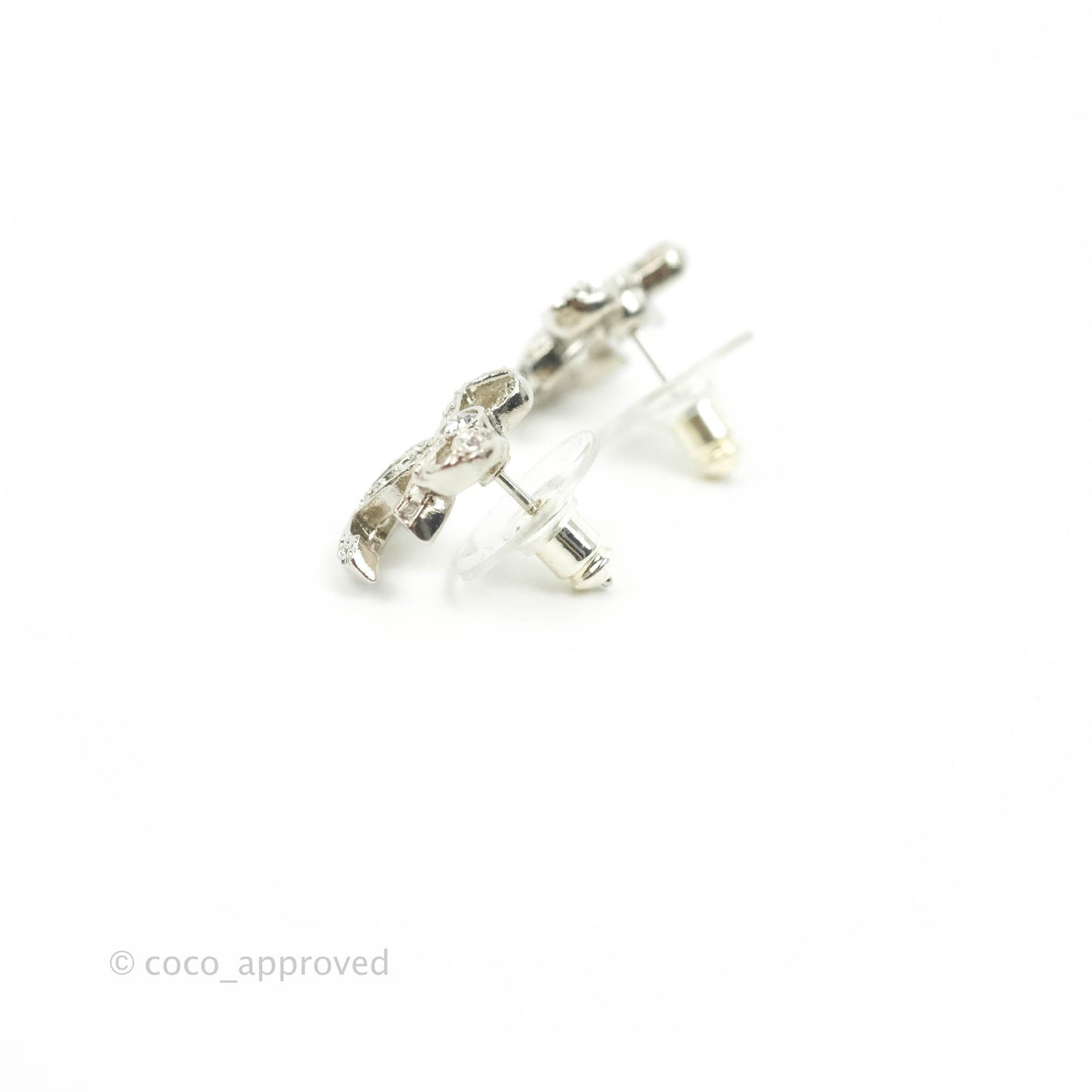 Chanel Crystal CC Bow Knot Earrings Silver Tone 22B
