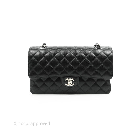 Chanel Classic M/L Medium Double Flap Bag Black Caviar Silver Hardware