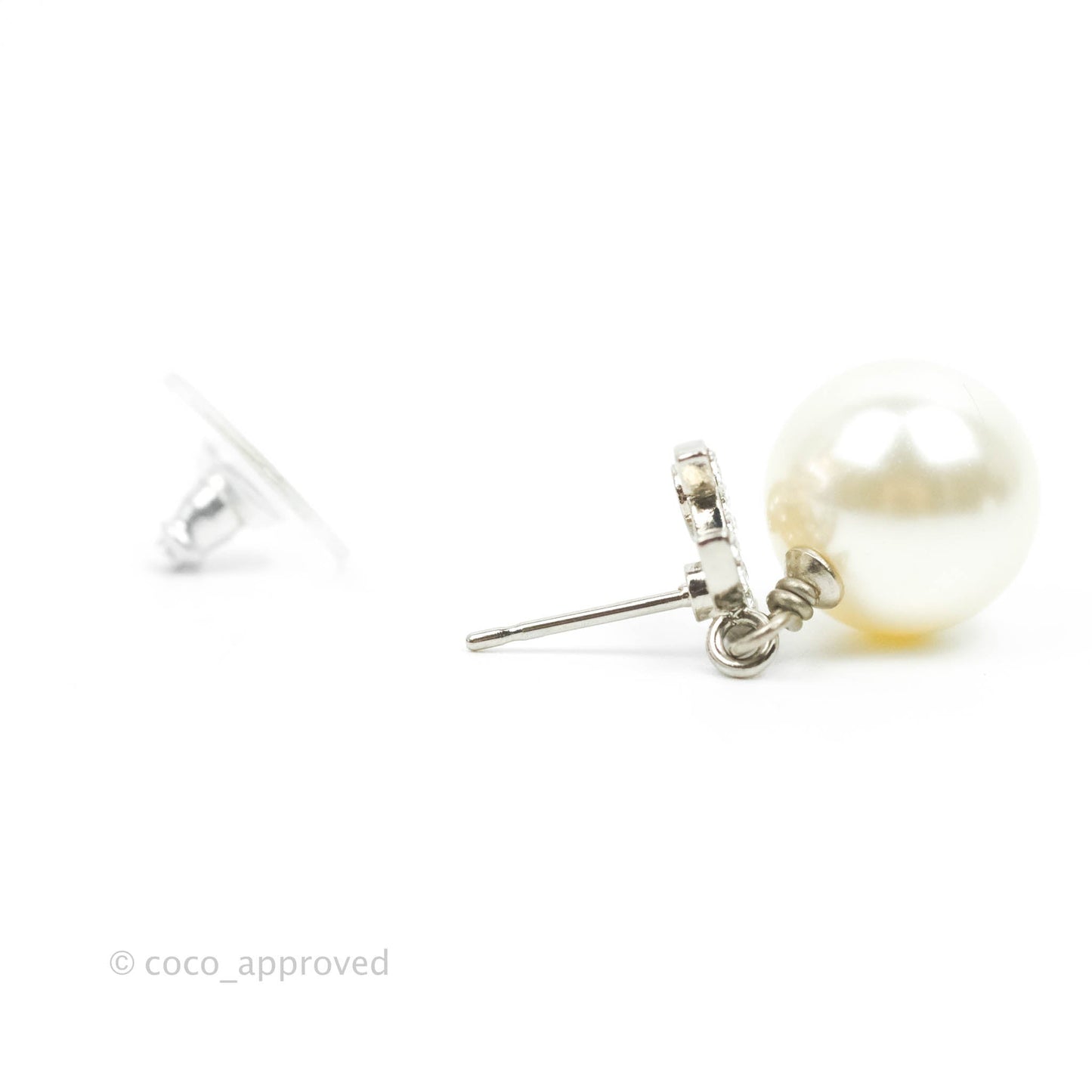 Chanel CC Crystal Pearl Drop Earrings Silver Tone 20V