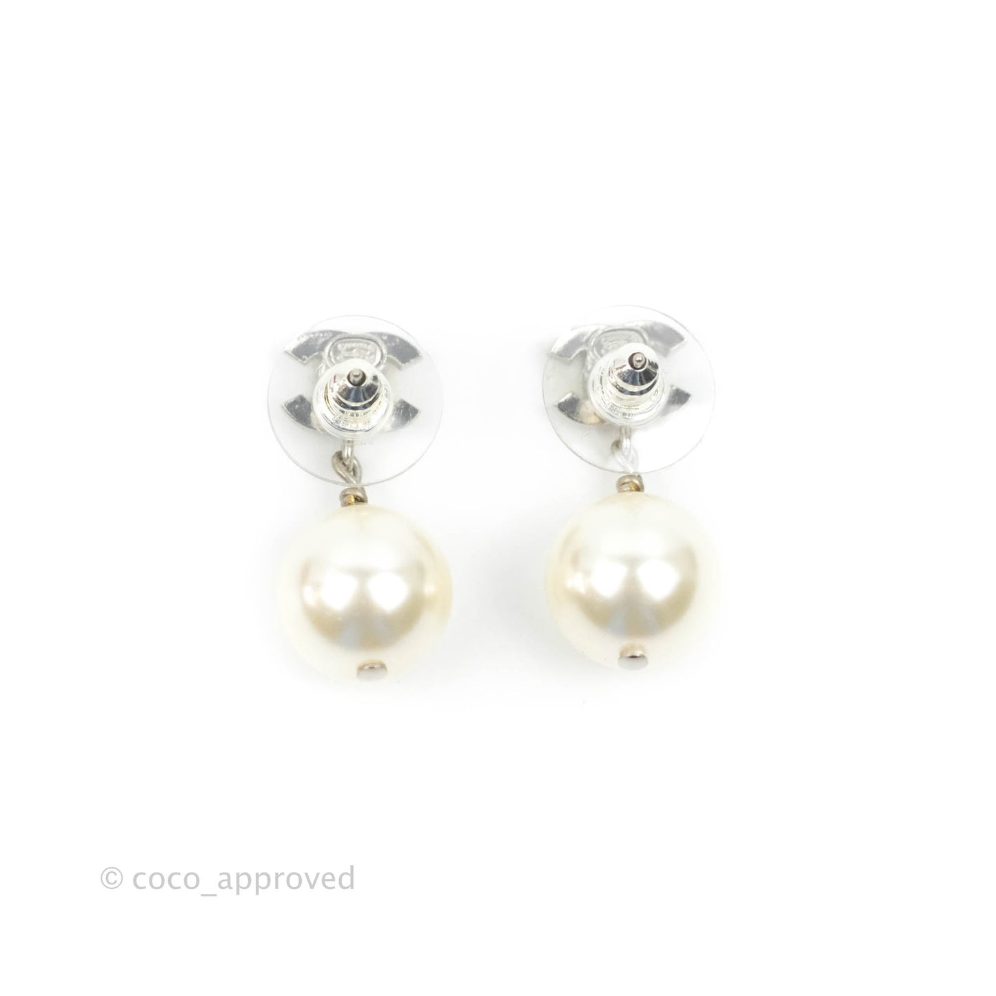 Chanel CC Crystal Pearl Drop Earrings Silver Tone 23V