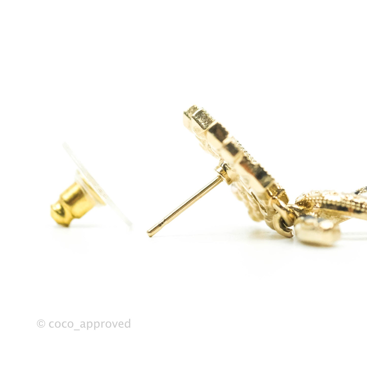 Chanel Black Resin Pearl Crown CC Drop Earrings Gold Tone 21A