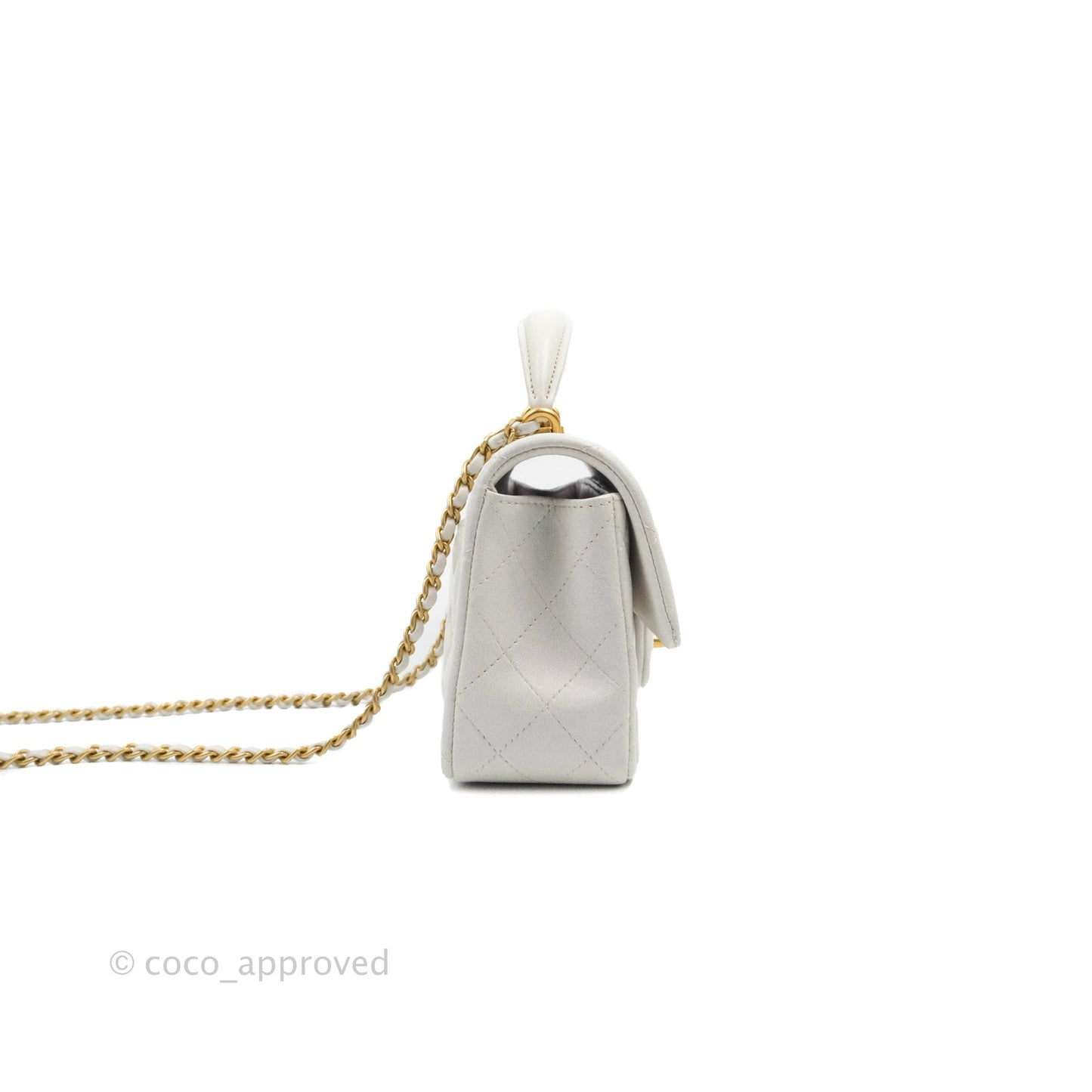 Chanel Top Handle Mini Rectangular Flap Bag Iridescent White Lambskin Aged Gold Hardware