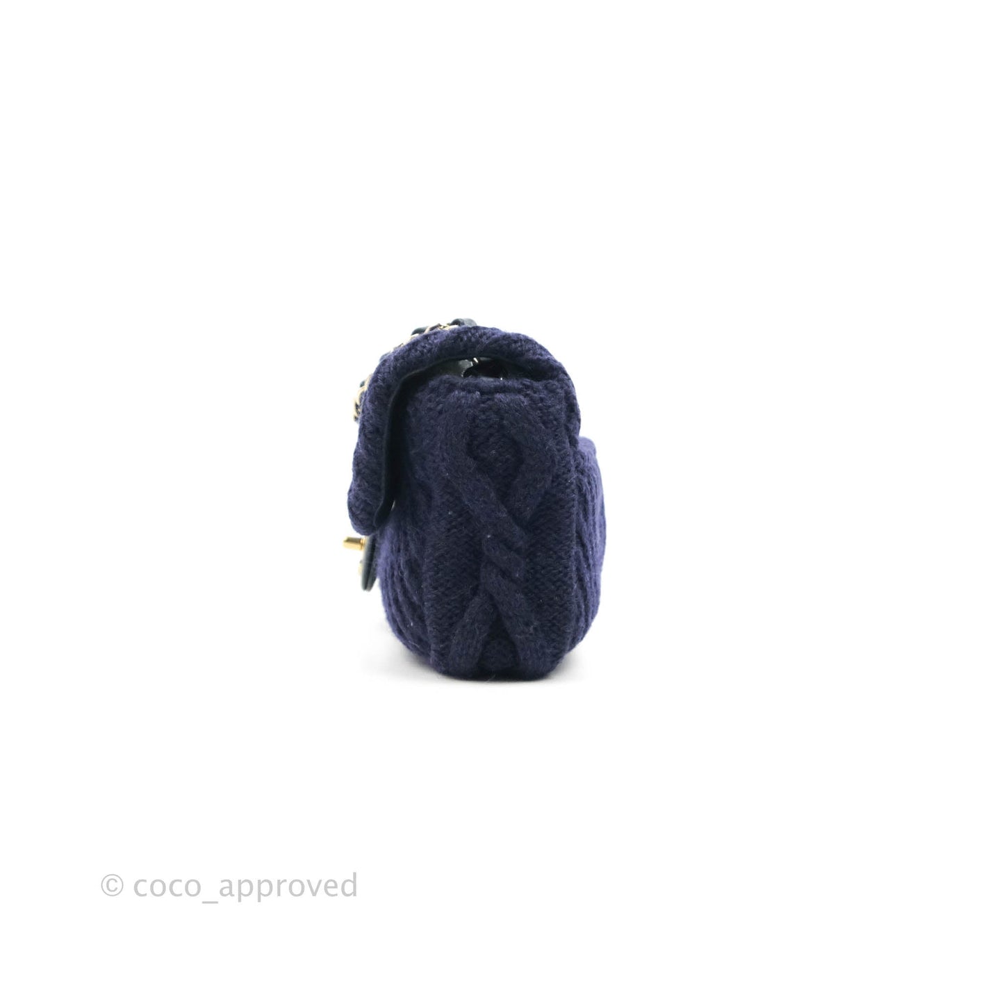 Chanel Mini Rectangular Flap Navy Blue Cable Knit Gold Hardware