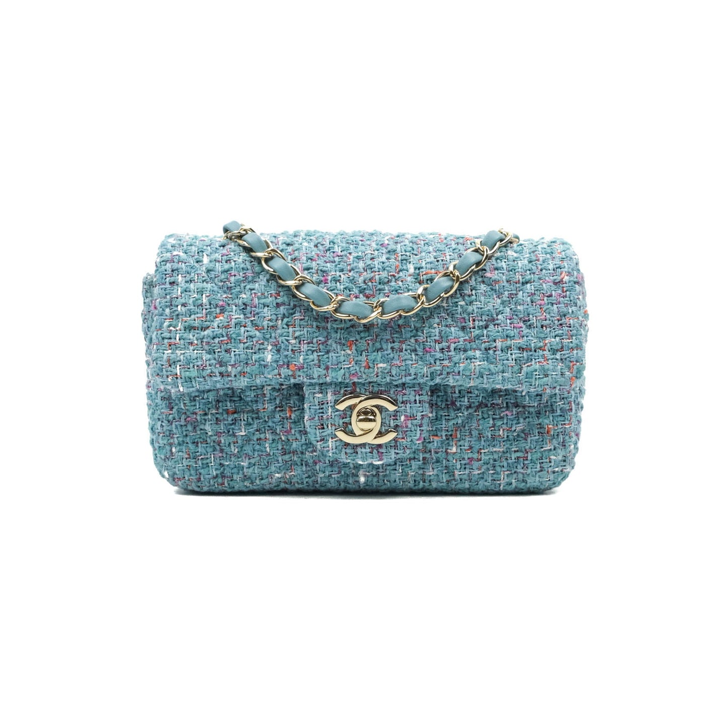 Chanel Quilted Mini Rectangular Flap Blue Tweed Gold Hardware