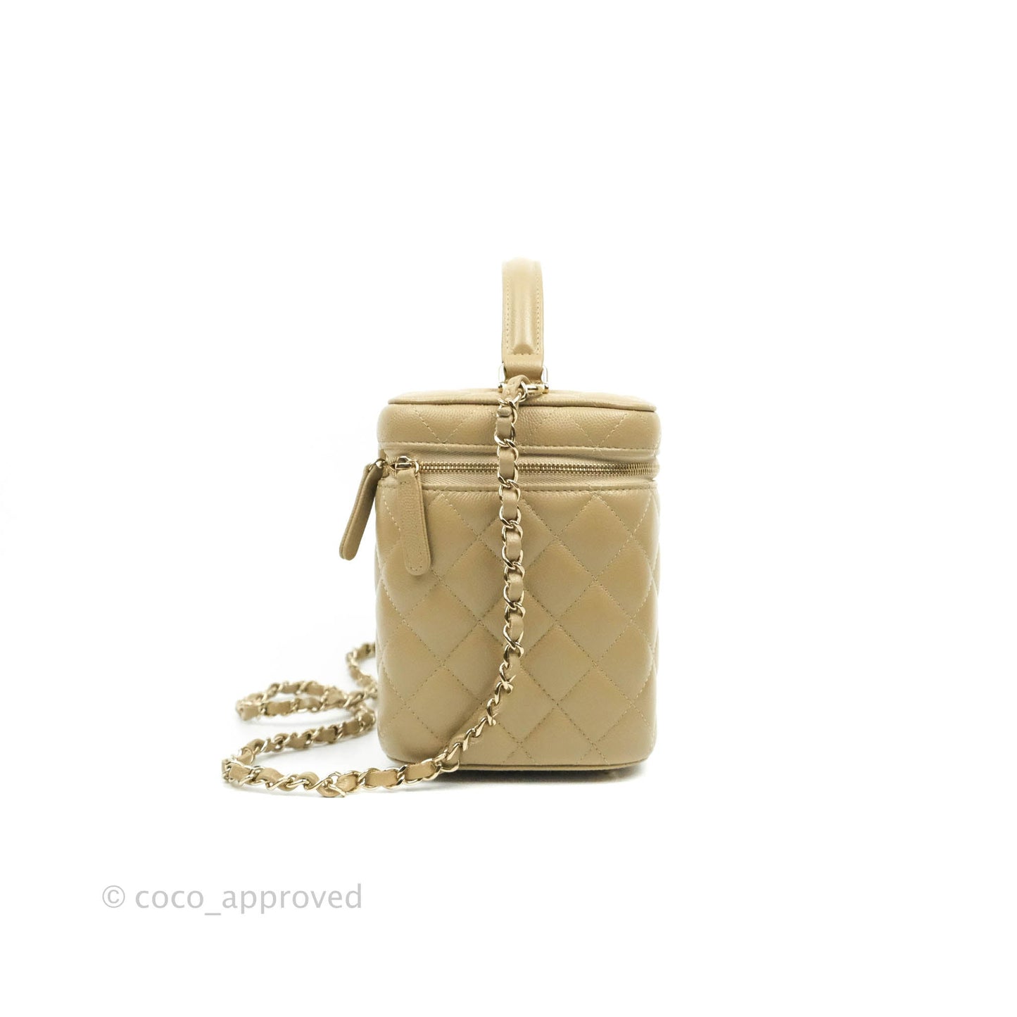 Chanel Small Quilted Top Handle Vanity Case Dark Beige Caviar Gold Hardware