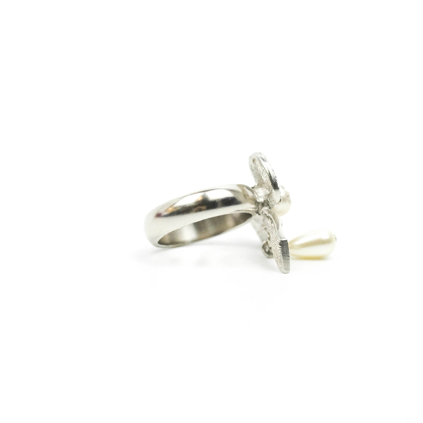 Chanel CC Crystal Bow Knot Drop Tear Pearl Ring Silver Tone 20A