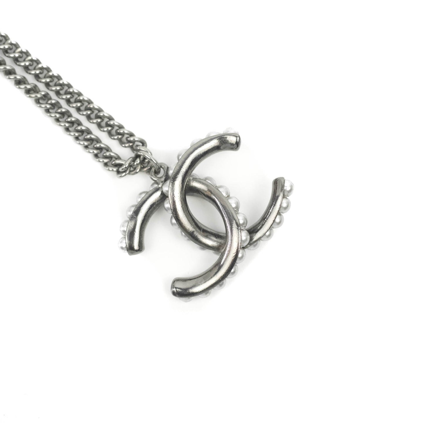 Chanel CC Pearl Necklace Gun Metal 13B