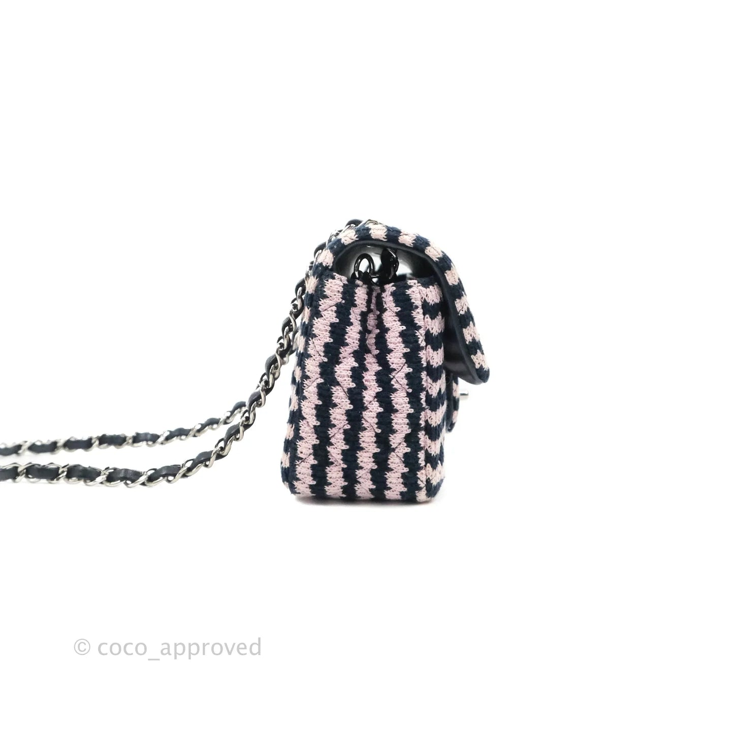 Chanel Mini Rectangular Flap Bag Navy Pink Striped Tweed Silver Hardware