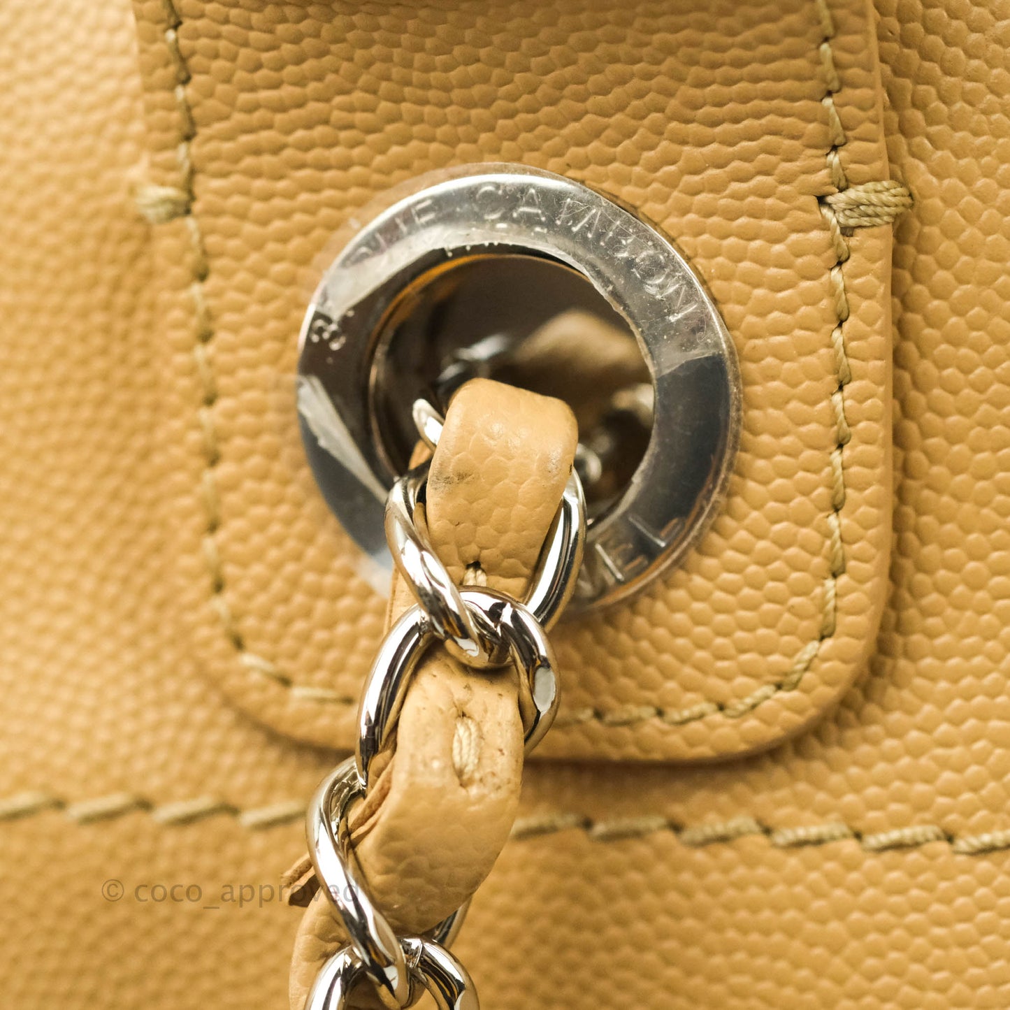Chanel Small Studded Deauville Tote Beige Caviar Silver Hardware