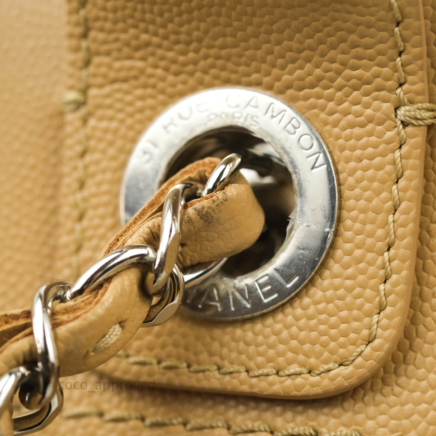 Chanel Small Studded Deauville Tote Beige Caviar Silver Hardware