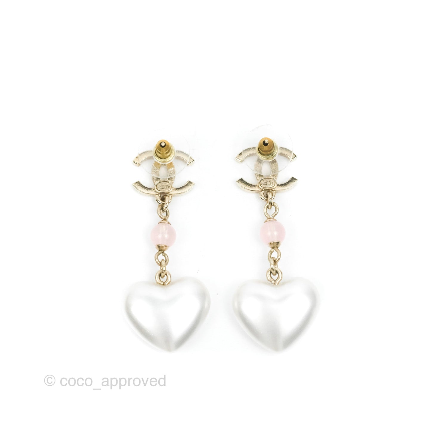 Chanel CC Pink Bead Heart Pearl Crystal CC Drop Earrings Gold Tone 21B