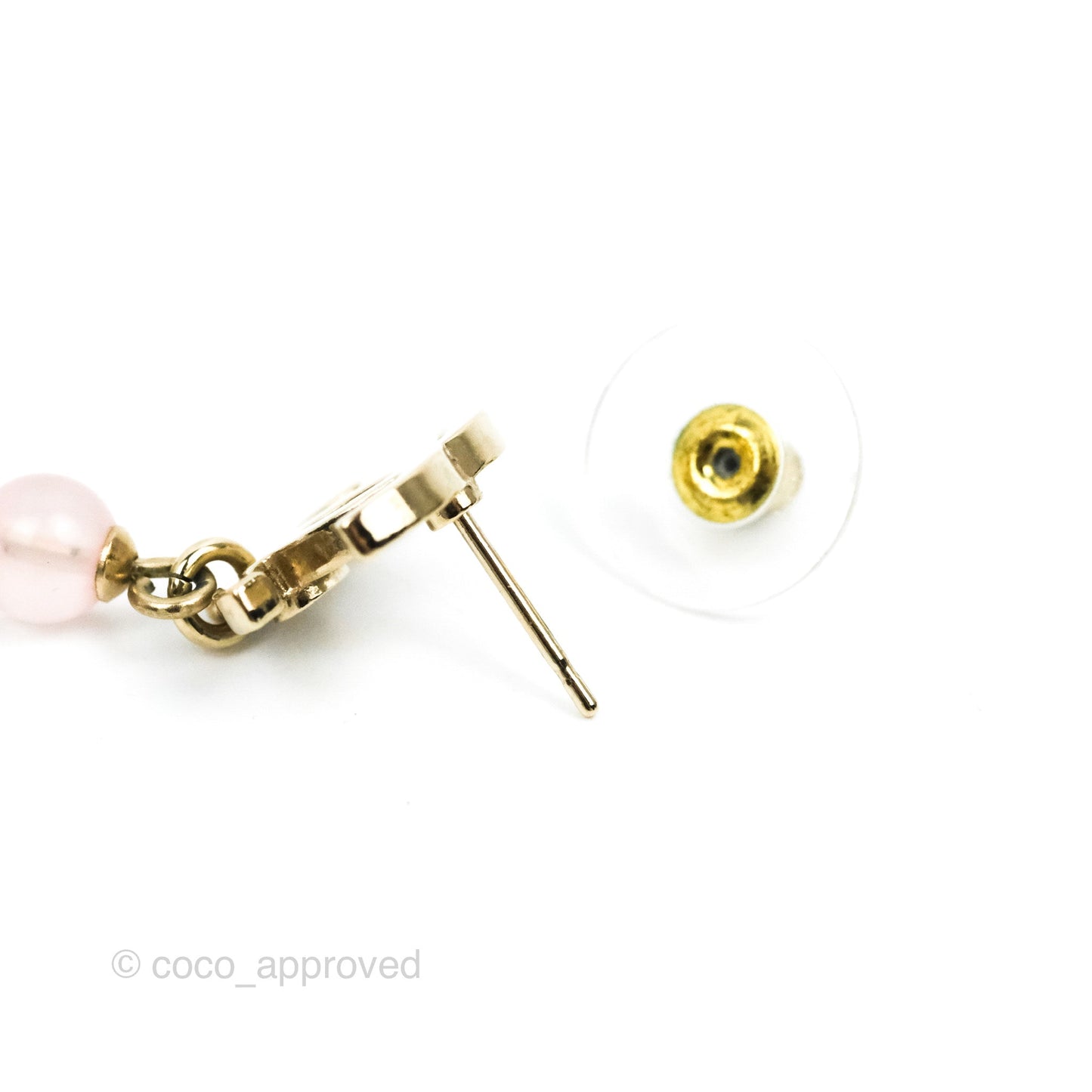 Chanel CC Pink Bead Heart Pearl Crystal CC Drop Earrings Gold Tone 21B